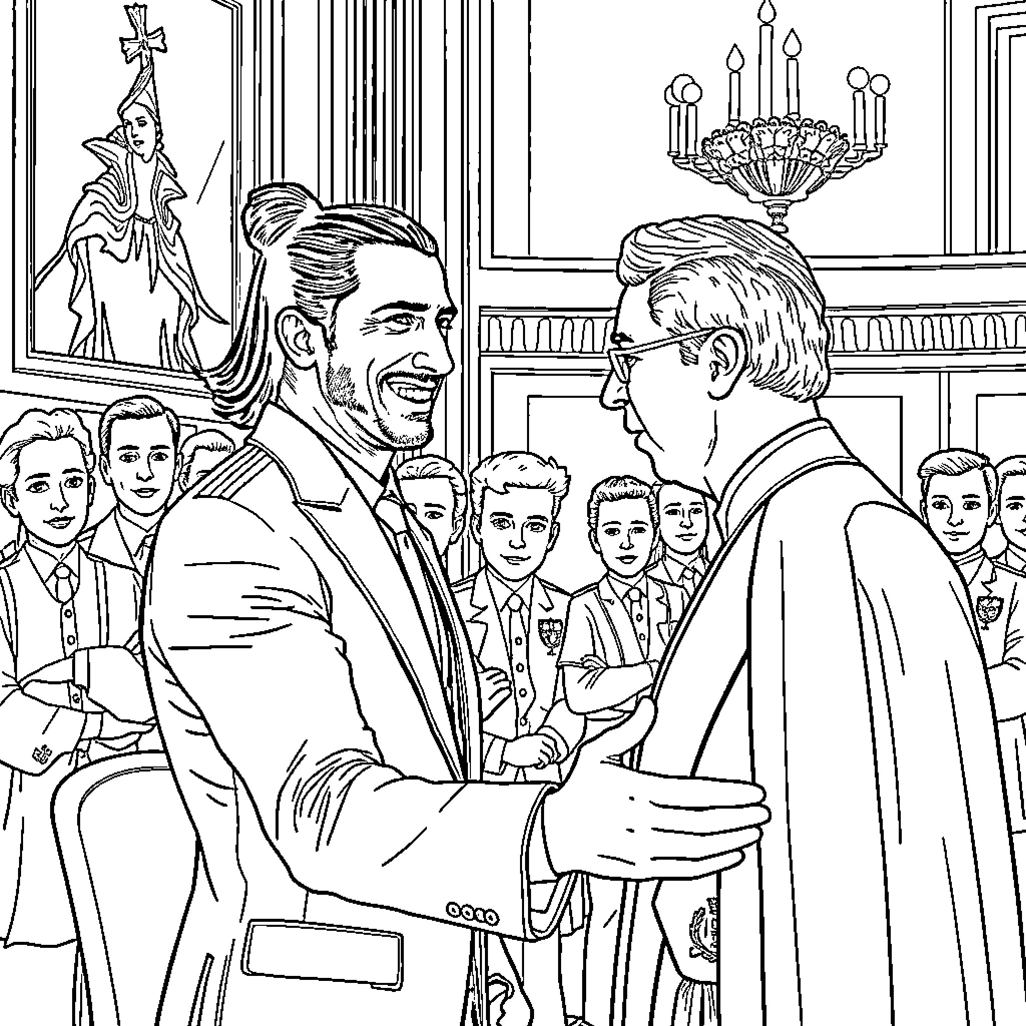 Zlatan shakes hands with priest in a formal ceremony Coloring Page (free black-and-white line drawing printable PDF for all, from beginners to advanced learners, including children, teens, adults, and seniors)