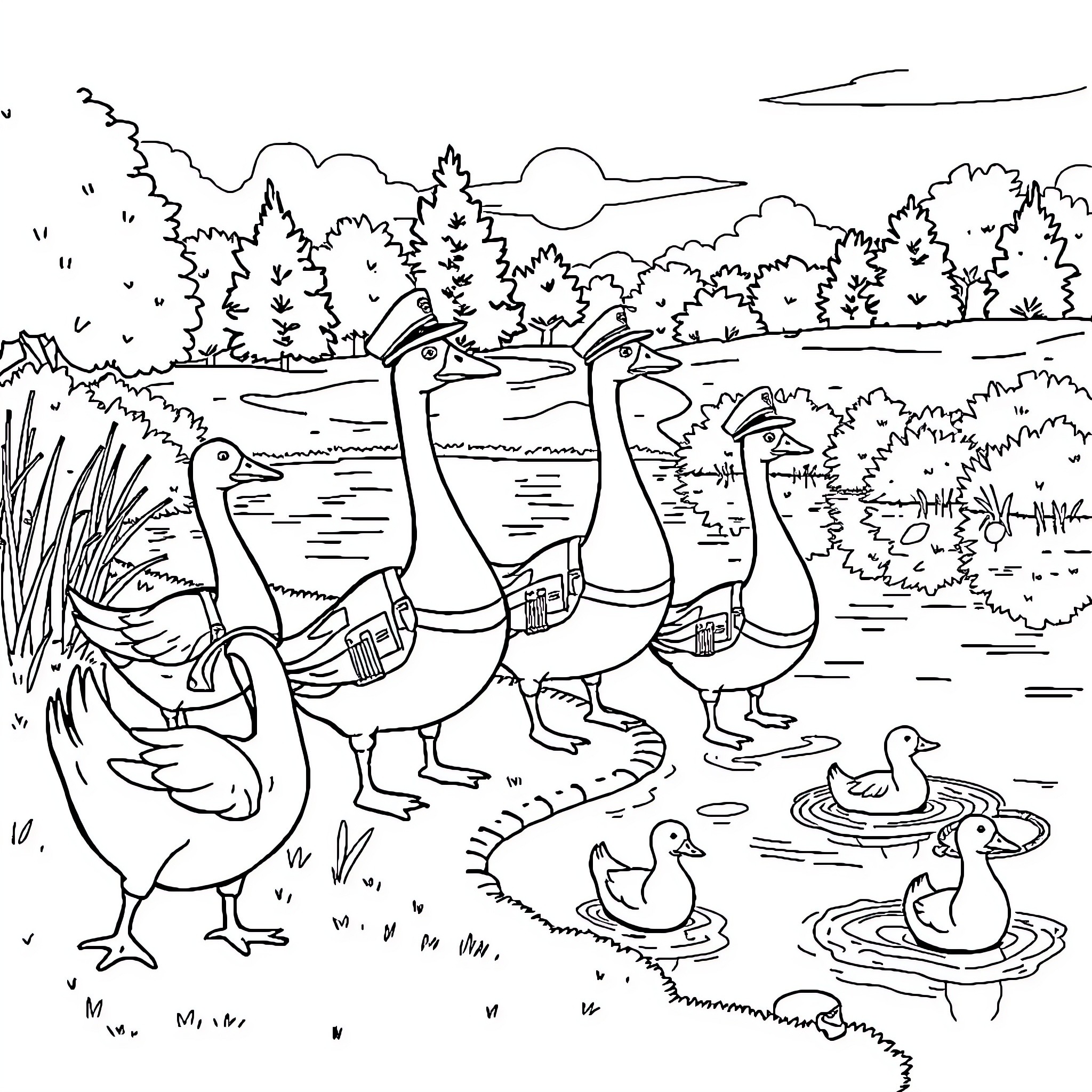 Goose family exploring the tranquil lakeside Coloring Page (free black-and-white line drawing printable PDF for all, from beginners to advanced learners, including children, teens, adults, and seniors)