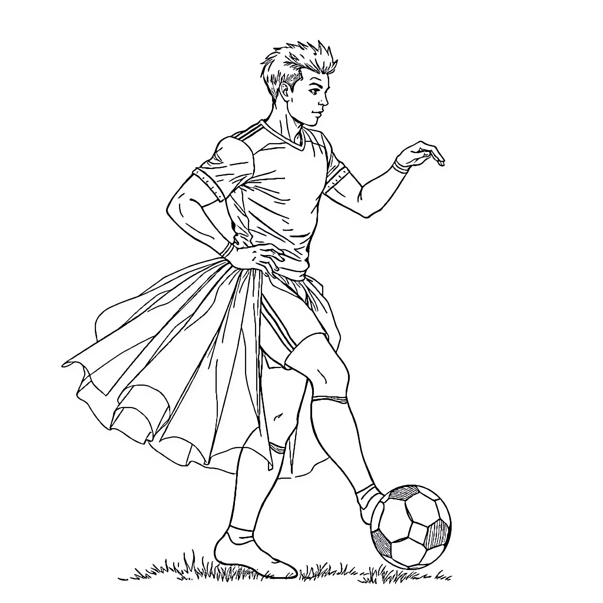 Futbolista in Energetic Dance with Soccer Ball Coloring Page (free black-and-white line drawing printable PDF for all, from beginners to advanced learners, including children, teens, adults, and seniors)