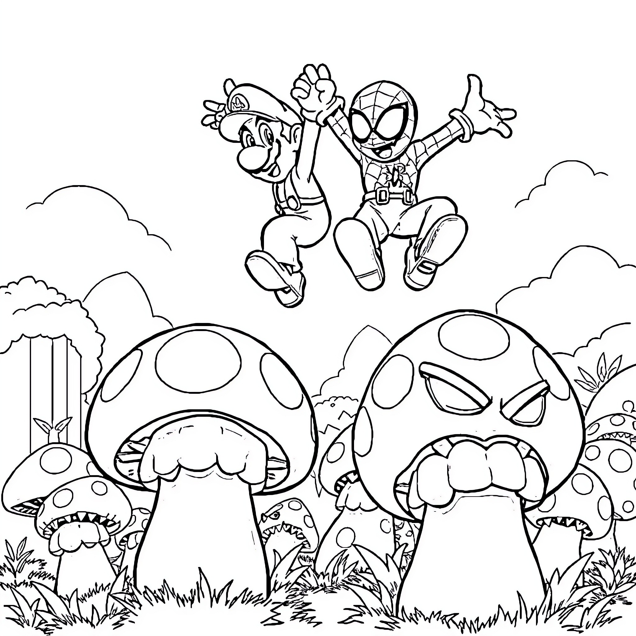 Mario and Spiderman Jumping with Mushrooms in Nature Coloring Page (free black-and-white line drawing printable PDF for all, from beginners to advanced learners, including children, teens, adults, and seniors)