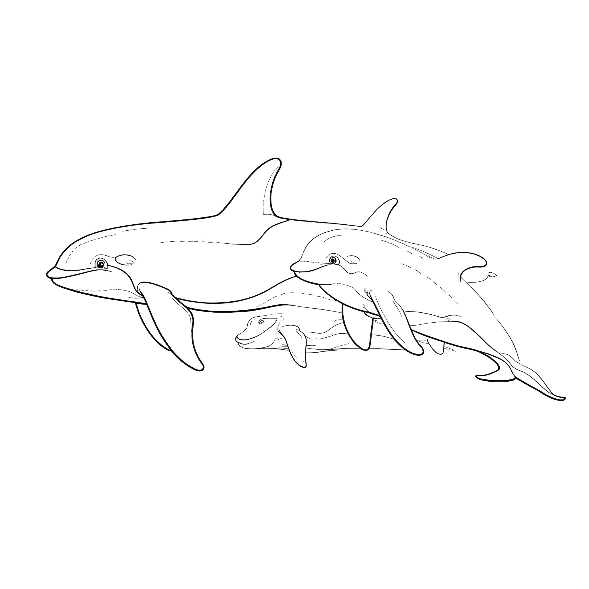 Killer Whale family swimming together Coloring Page (free black-and-white line drawing printable PDF for all, from beginners to advanced learners, including children, teens, adults, and seniors)