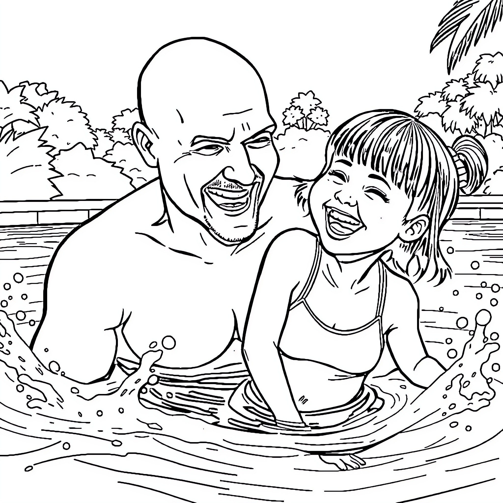 Dad and child swimming happily in the pool Coloring Page (free black-and-white line drawing printable PDF for all, from beginners to advanced learners, including children, teens, adults, and seniors)