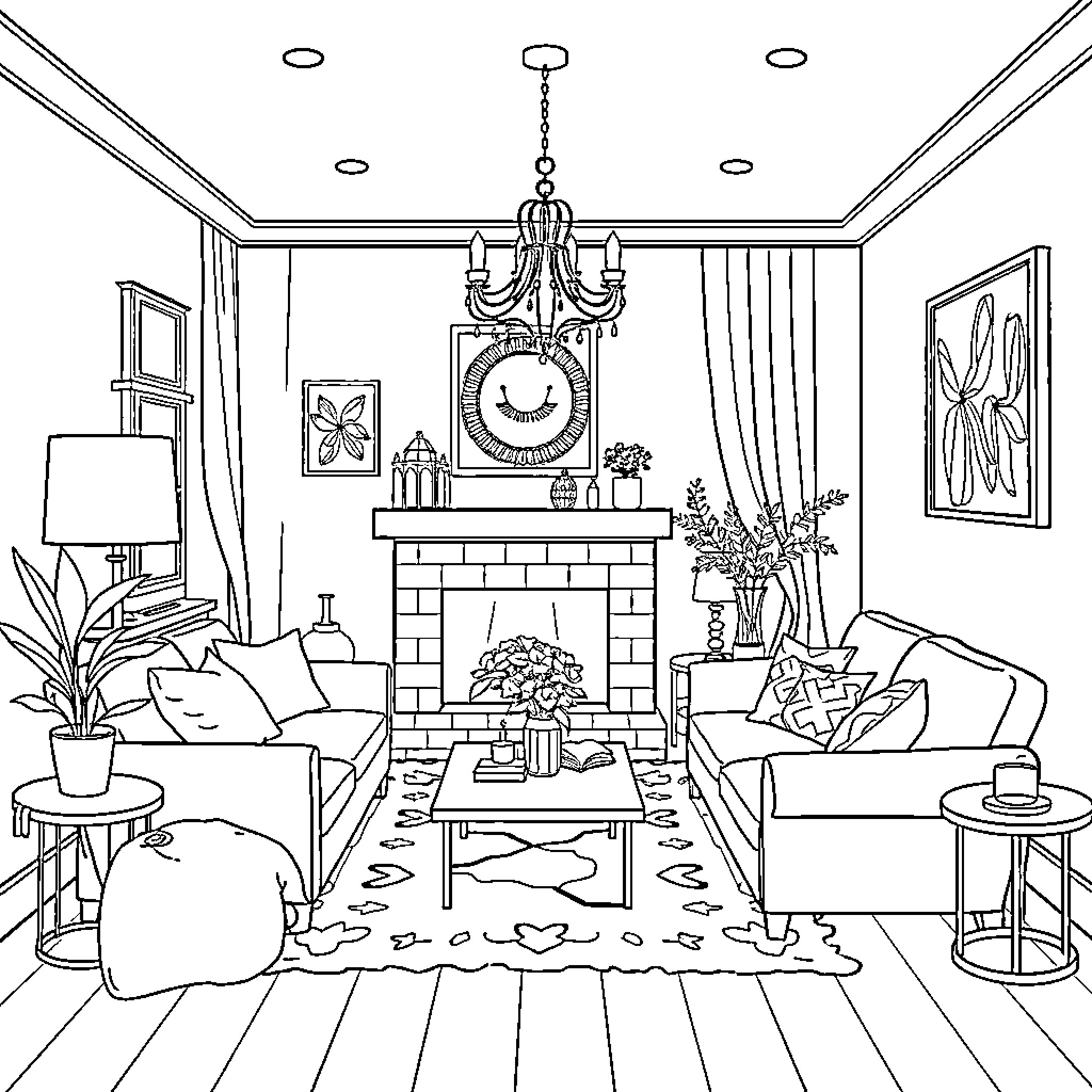 Interior Design: Cozy Living Room with Fireplace Coloring Page (free black-and-white line drawing printable PDF for all, from beginners to advanced learners, including children, teens, adults, and seniors)