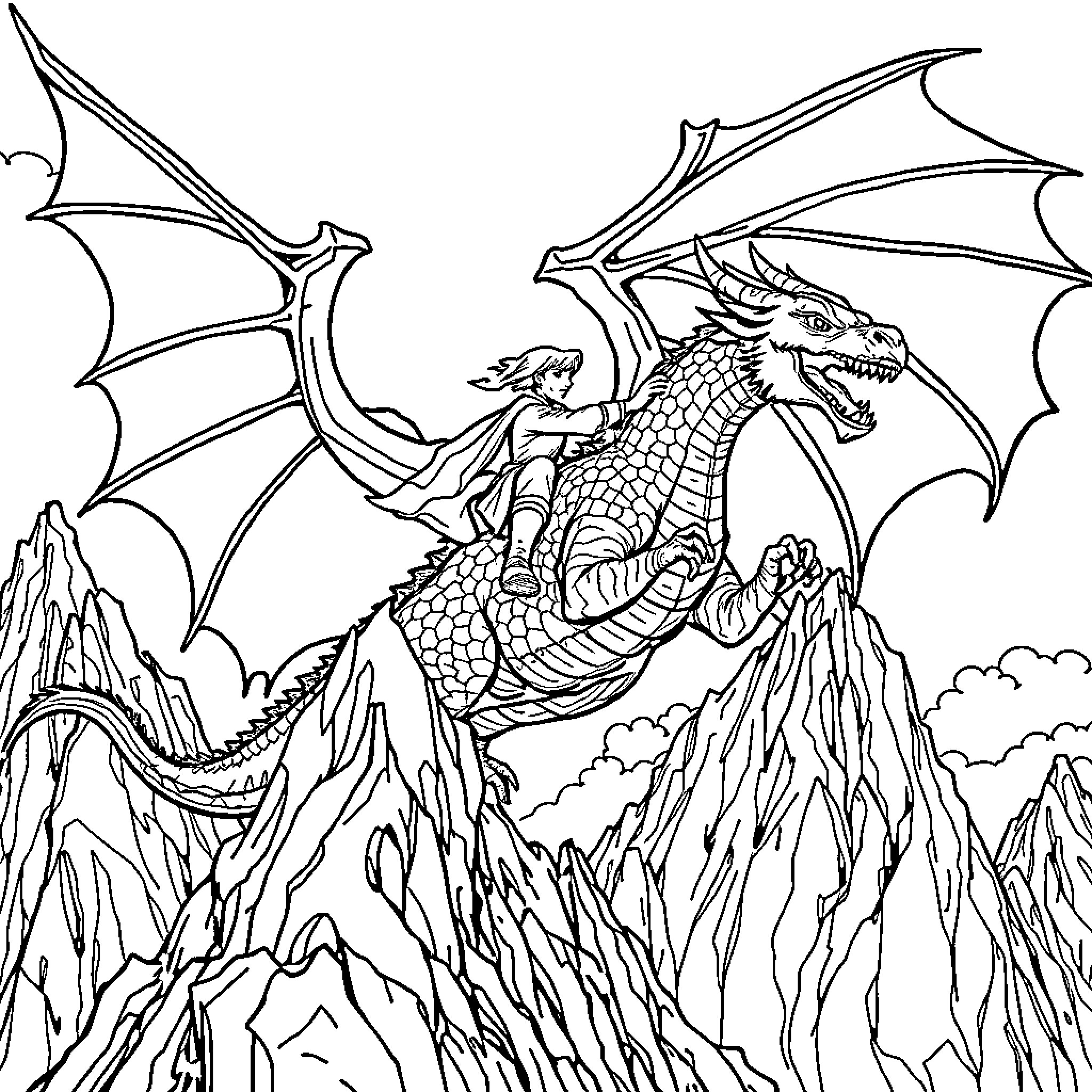 Dragon riding atop a mighty beast in the mountains Coloring Page (free black-and-white line drawing printable PDF for all, from beginners to advanced learners, including children, teens, adults, and seniors)