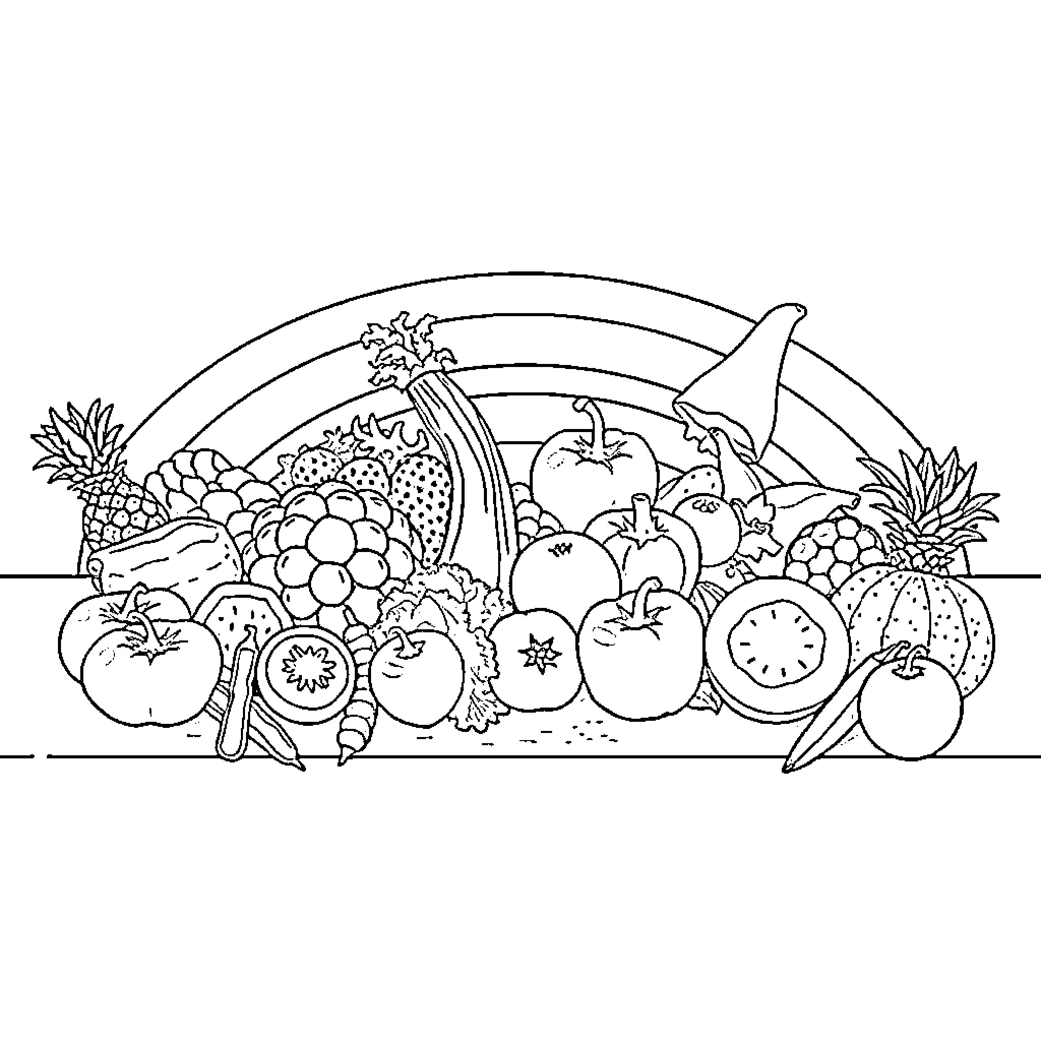 Fruit Basket with Assortment of Fresh Produce Coloring Page (free black-and-white line drawing printable PDF for all, from beginners to advanced learners, including children, teens, adults, and seniors)