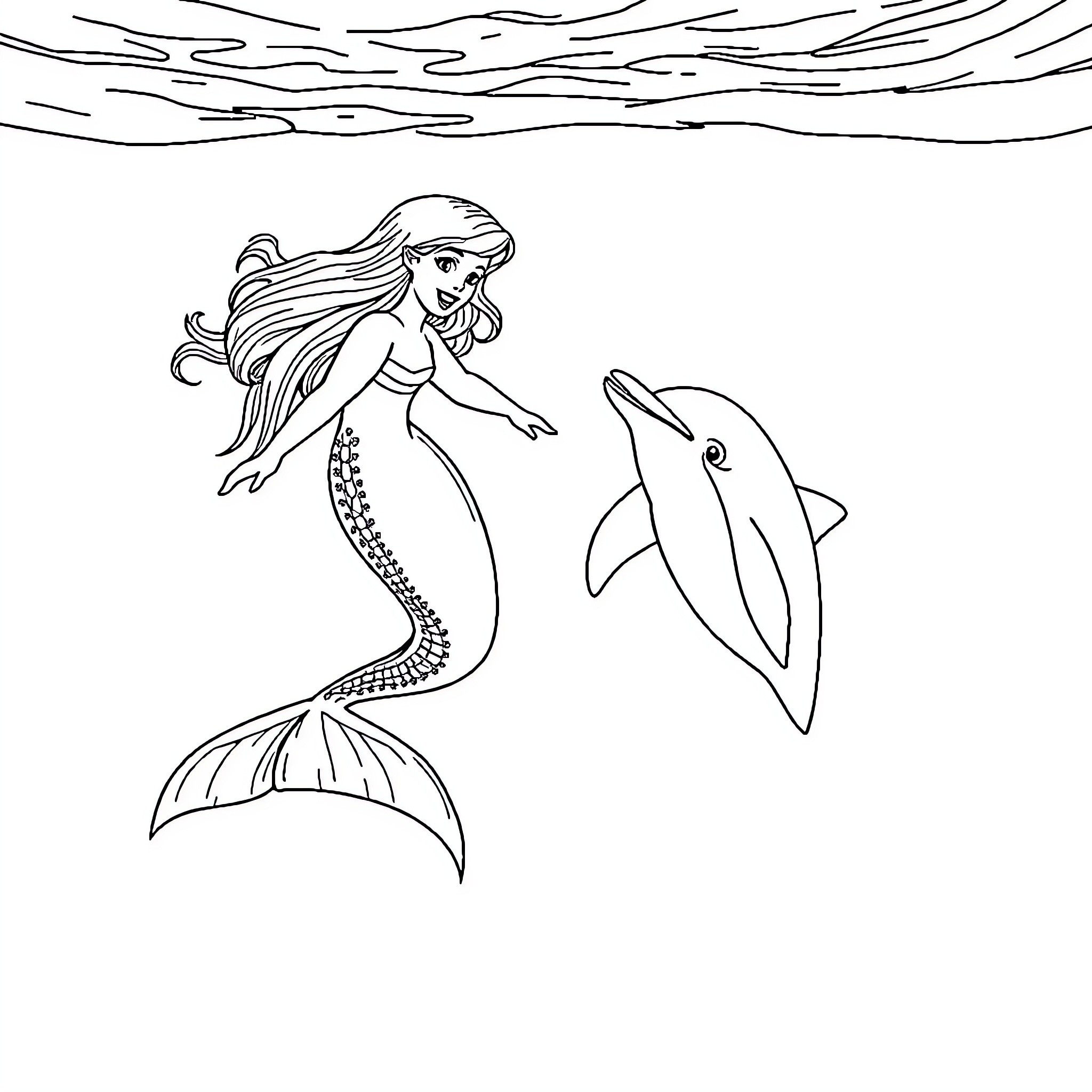 Siren swimming with a dolphin in the ocean Coloring Page (free black-and-white line drawing printable PDF for all, from beginners to advanced learners, including children, teens, adults, and seniors)