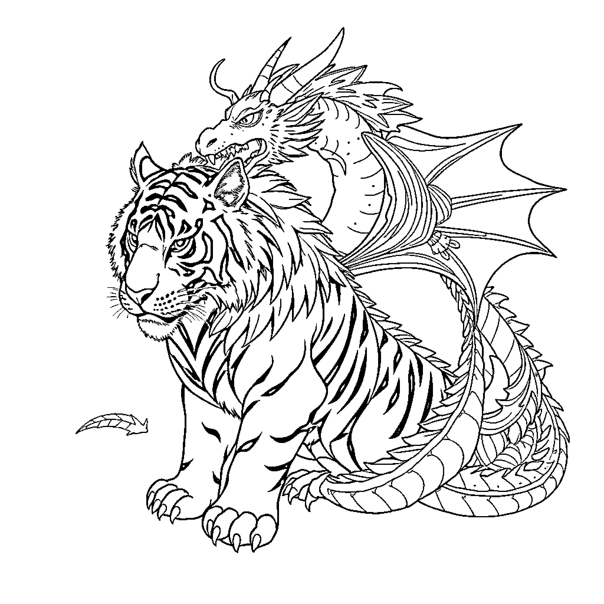 Tiger-Dragon Hybrid Illustration Coloring Page (free black-and-white line drawing printable PDF for all, from beginners to advanced learners, including children, teens, adults, and seniors)