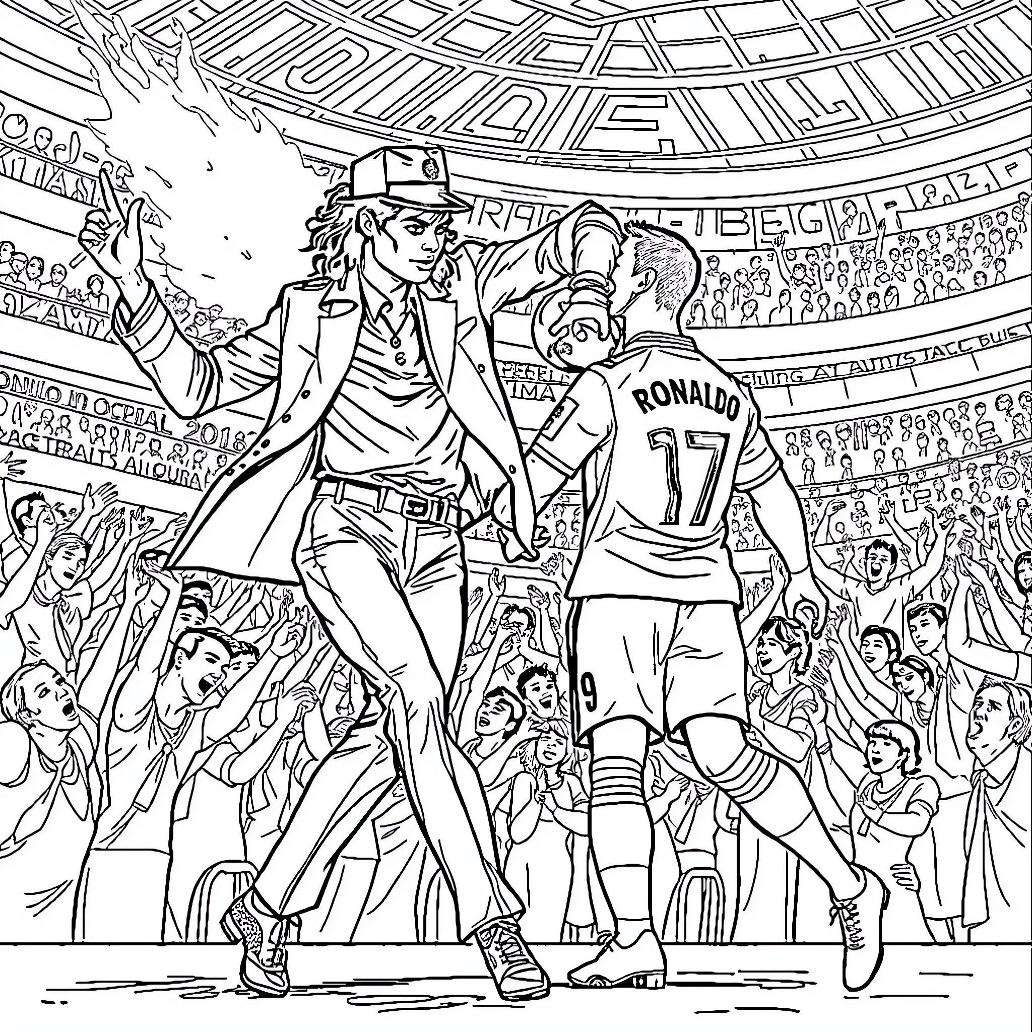 Michael Jackson's Electrifying Stadium Performance Coloring Page (free black-and-white line drawing printable PDF for all, from beginners to advanced learners, including children, teens, adults, and seniors)