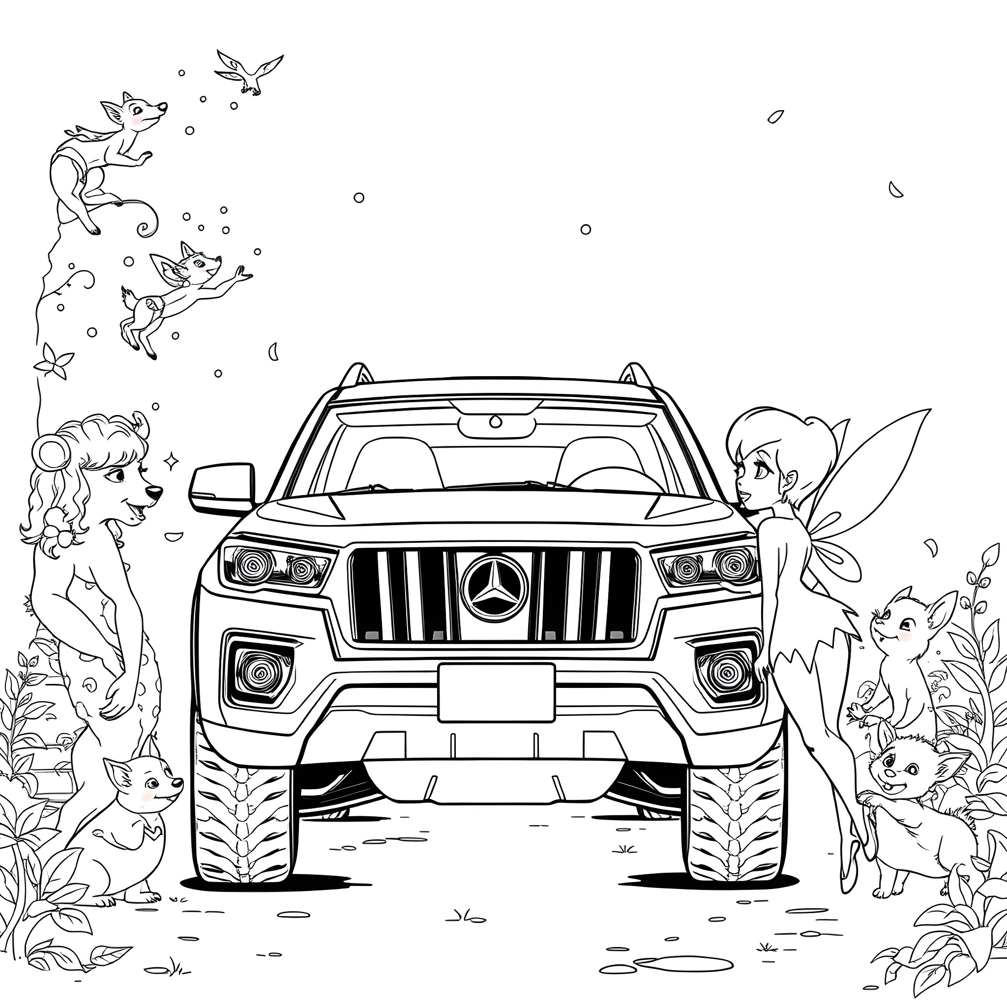 Tinkerbell and friends exploring a rugged off-road vehicle Coloring Page (free black-and-white line drawing printable PDF for all, from beginners to advanced learners, including children, teens, adults, and seniors)