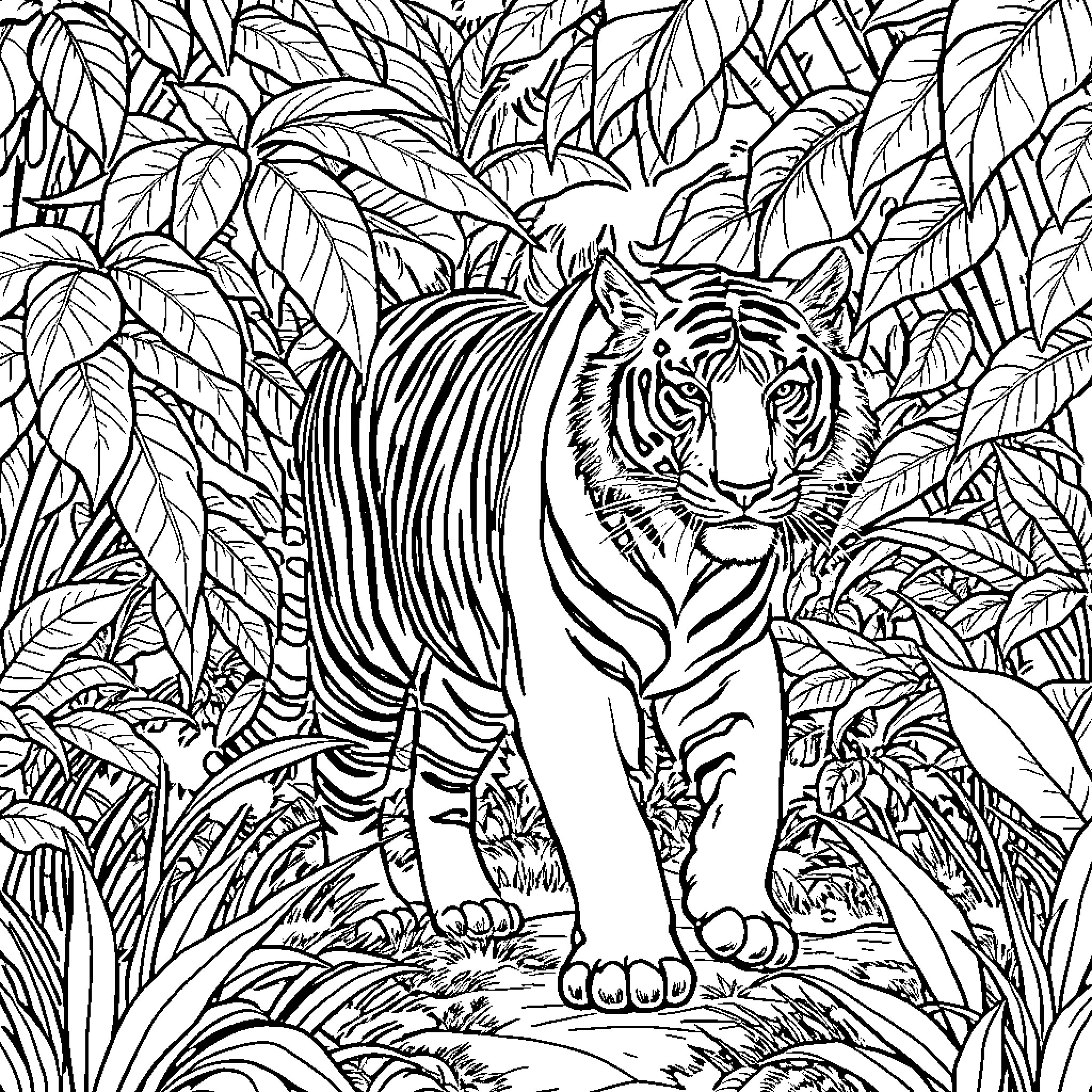 Tiger Stalking Through Lush Jungle Foliage Coloring Page (free black-and-white line drawing printable PDF for all, from beginners to advanced learners, including children, teens, adults, and seniors)