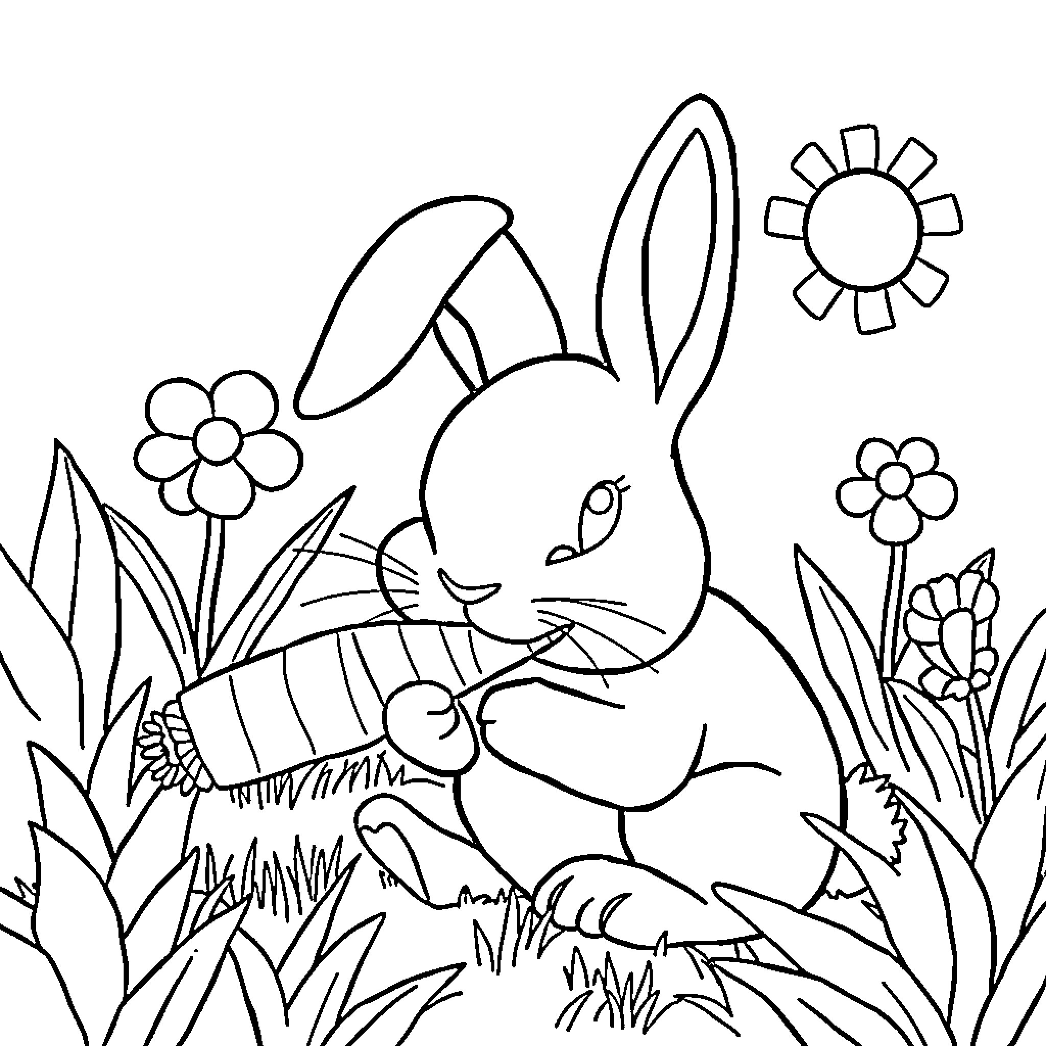 Rabbit Enjoying a Peaceful Garden Scene Coloring Page (free black-and-white line drawing printable PDF for all, from beginners to advanced learners, including children, teens, adults, and seniors)