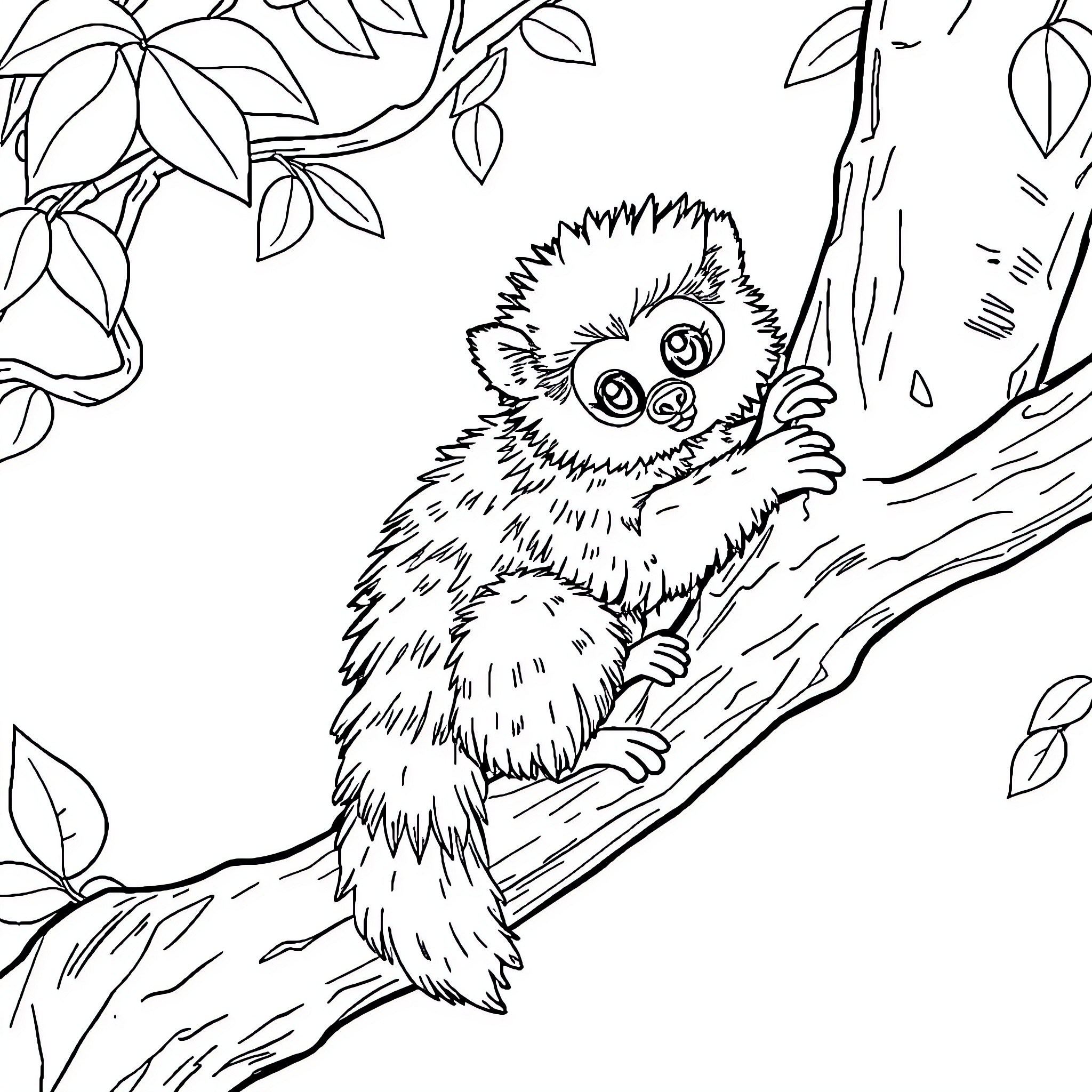 Raccoon exploring the forest canopy Coloring Page (free black-and-white line drawing printable PDF for all, from beginners to advanced learners, including children, teens, adults, and seniors)