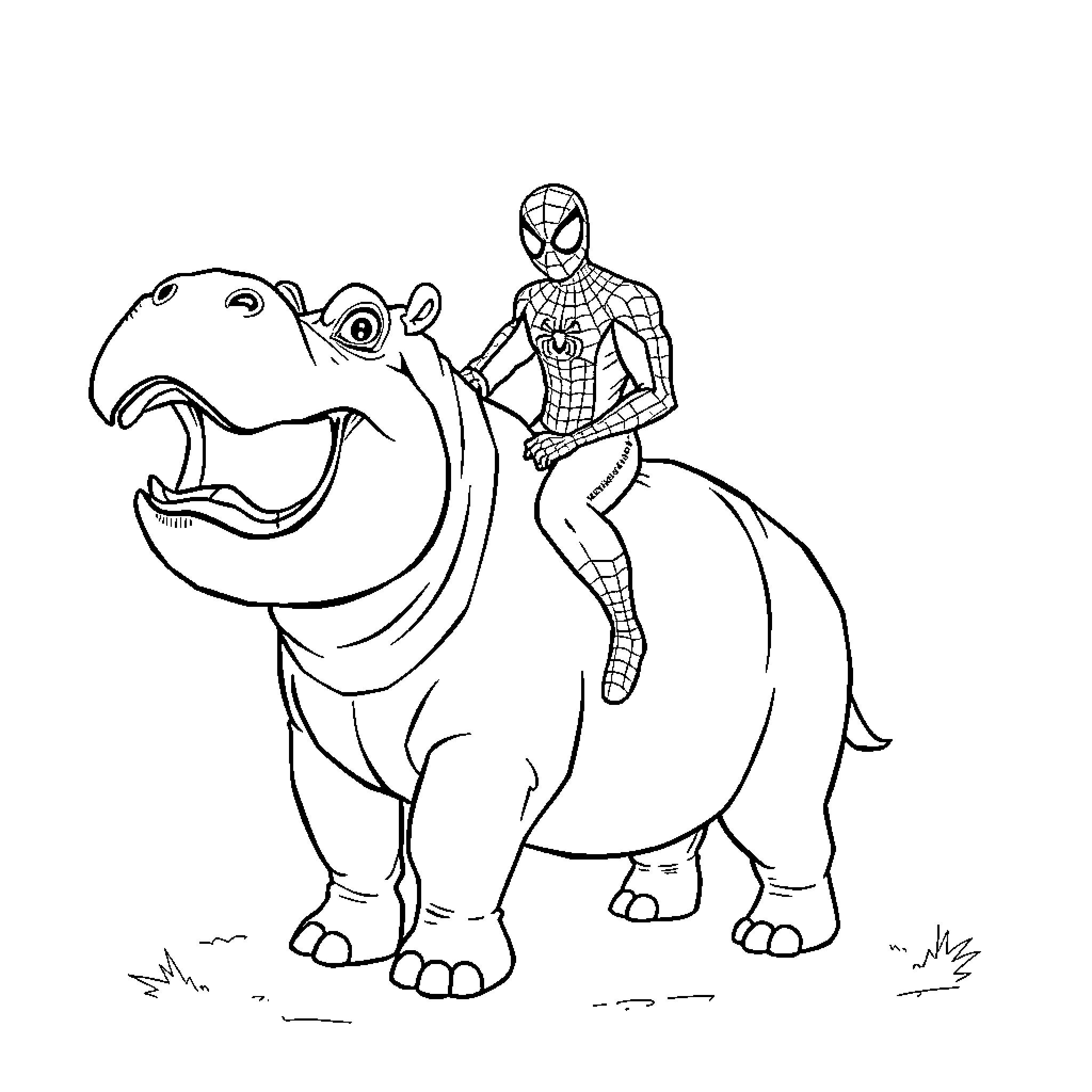 Spiderman riding on a friendly hippopotamus Coloring Page (free black-and-white line drawing printable PDF for all, from beginners to advanced learners, including children, teens, adults, and seniors)