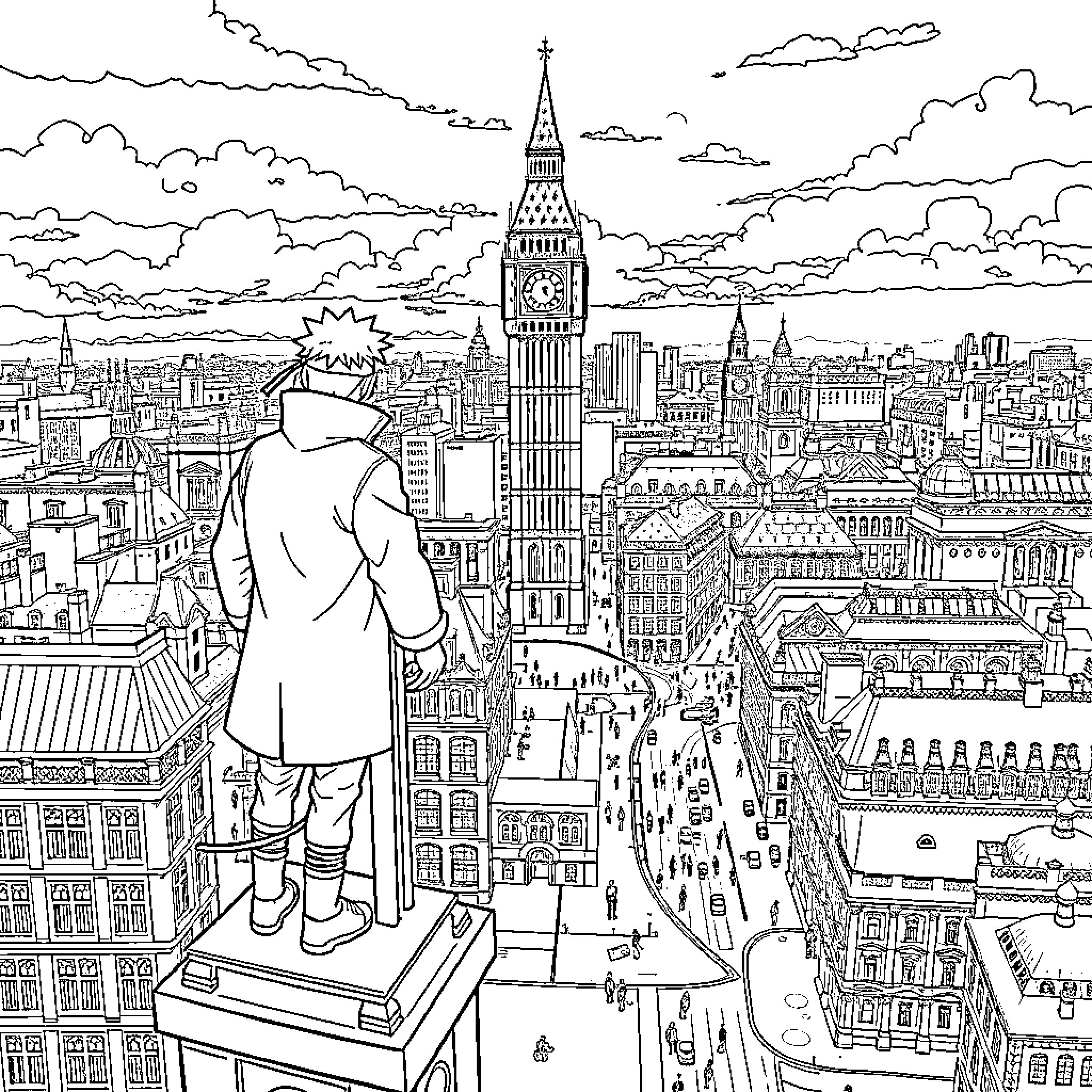 Naruto enjoying the breathtaking view of the bustling city Coloring Page (free black-and-white line drawing printable PDF for all, from beginners to advanced learners, including children, teens, adults, and seniors)