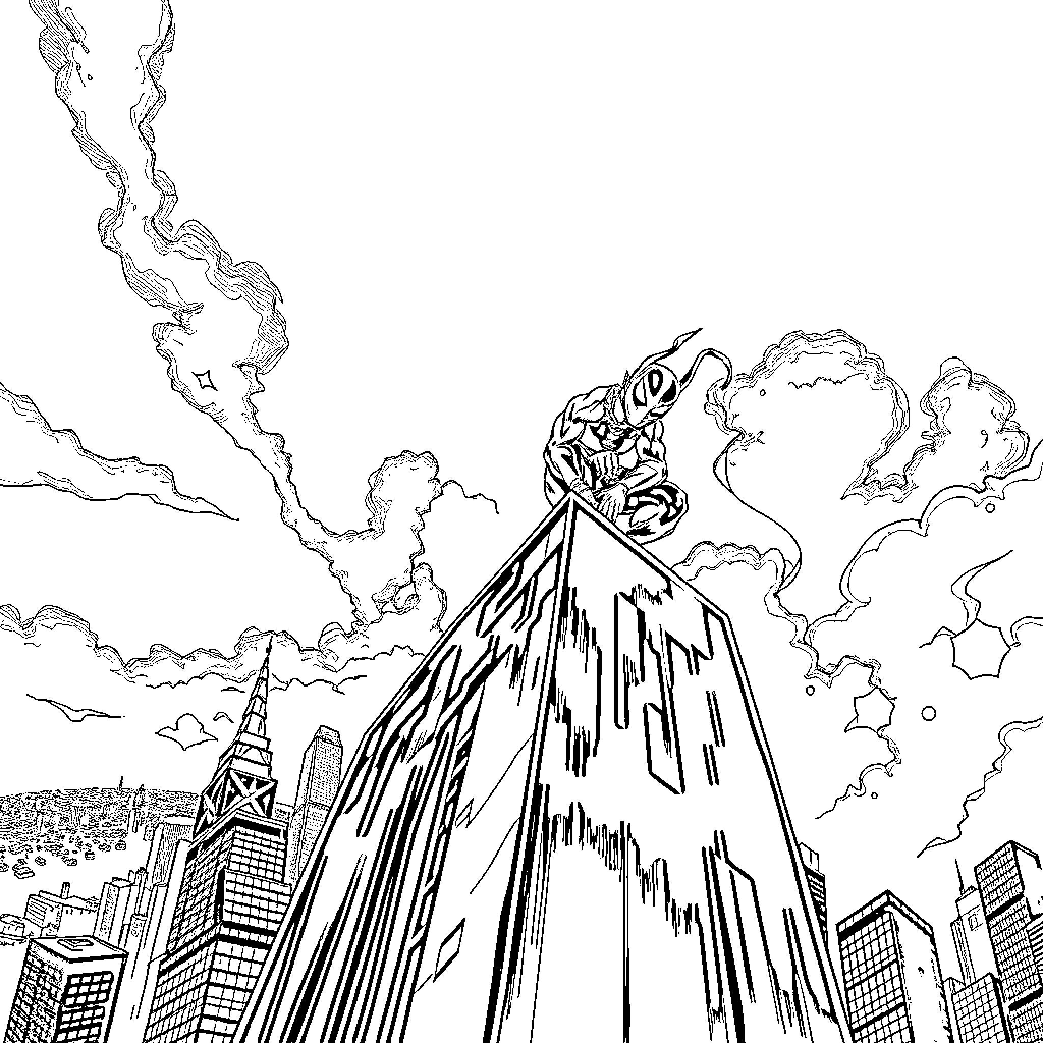 Spawn rising from the city skyline Coloring Page (free black-and-white line drawing printable PDF for all, from beginners to advanced learners, including children, teens, adults, and seniors)