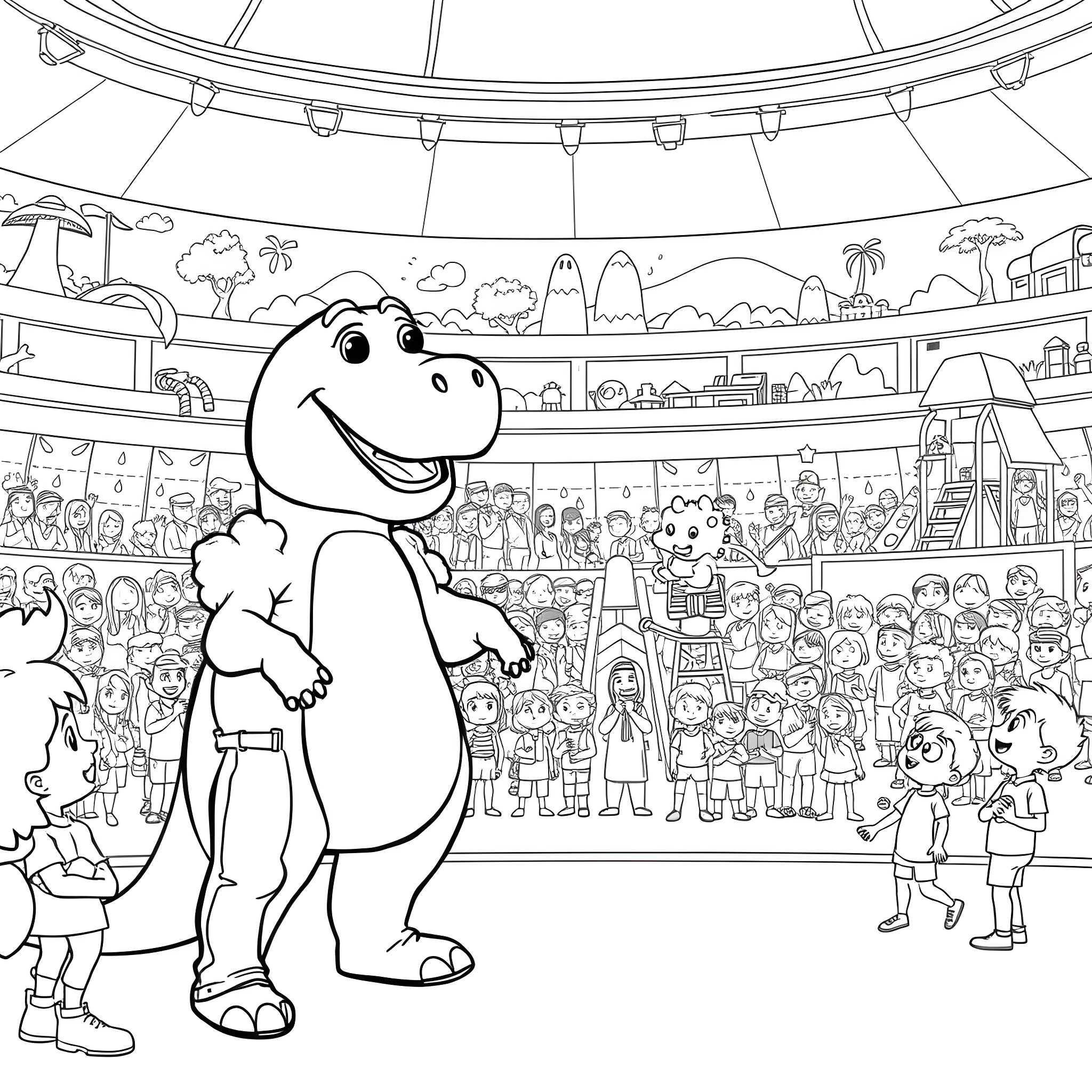 Stephen the Dinosaur Entertains a Crowd Coloring Page (free black-and-white line drawing printable PDF for all, from beginners to advanced learners, including children, teens, adults, and seniors)