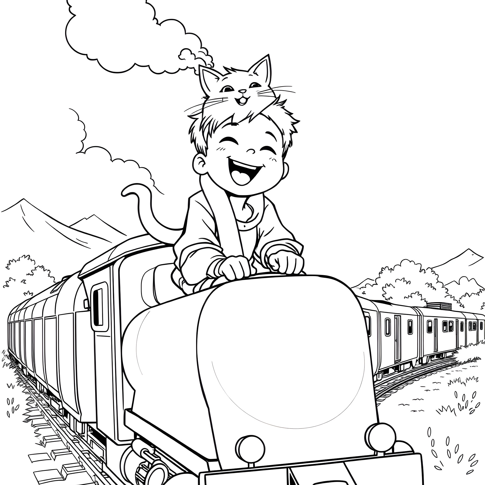 Boy rides a train with a cat on his head Coloring Page (free black-and-white line drawing printable PDF for all, from beginners to advanced learners, including children, teens, adults, and seniors)