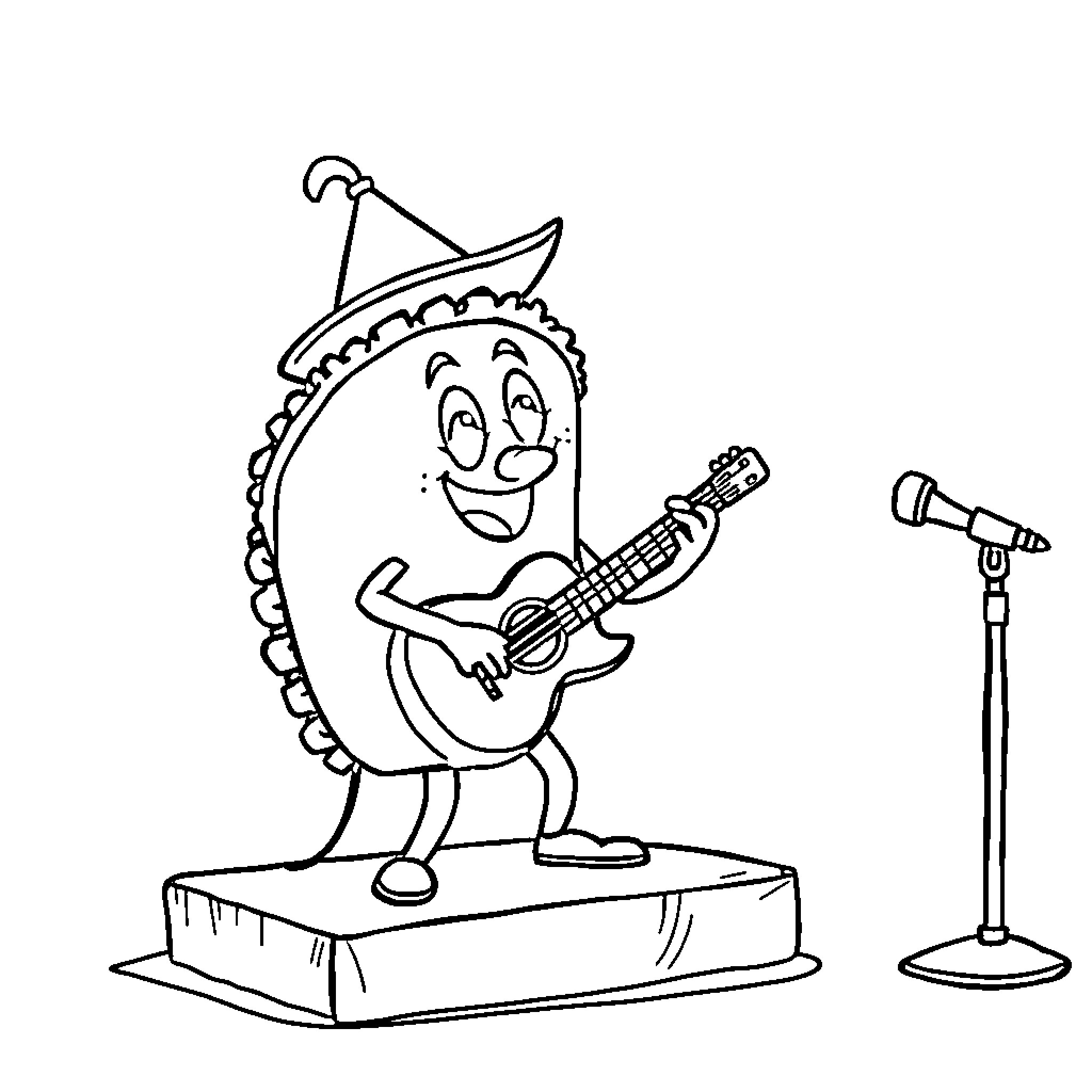 Taco playing guitar on stage Coloring Page (free black-and-white line drawing printable PDF for all, from beginners to advanced learners, including children, teens, adults, and seniors)