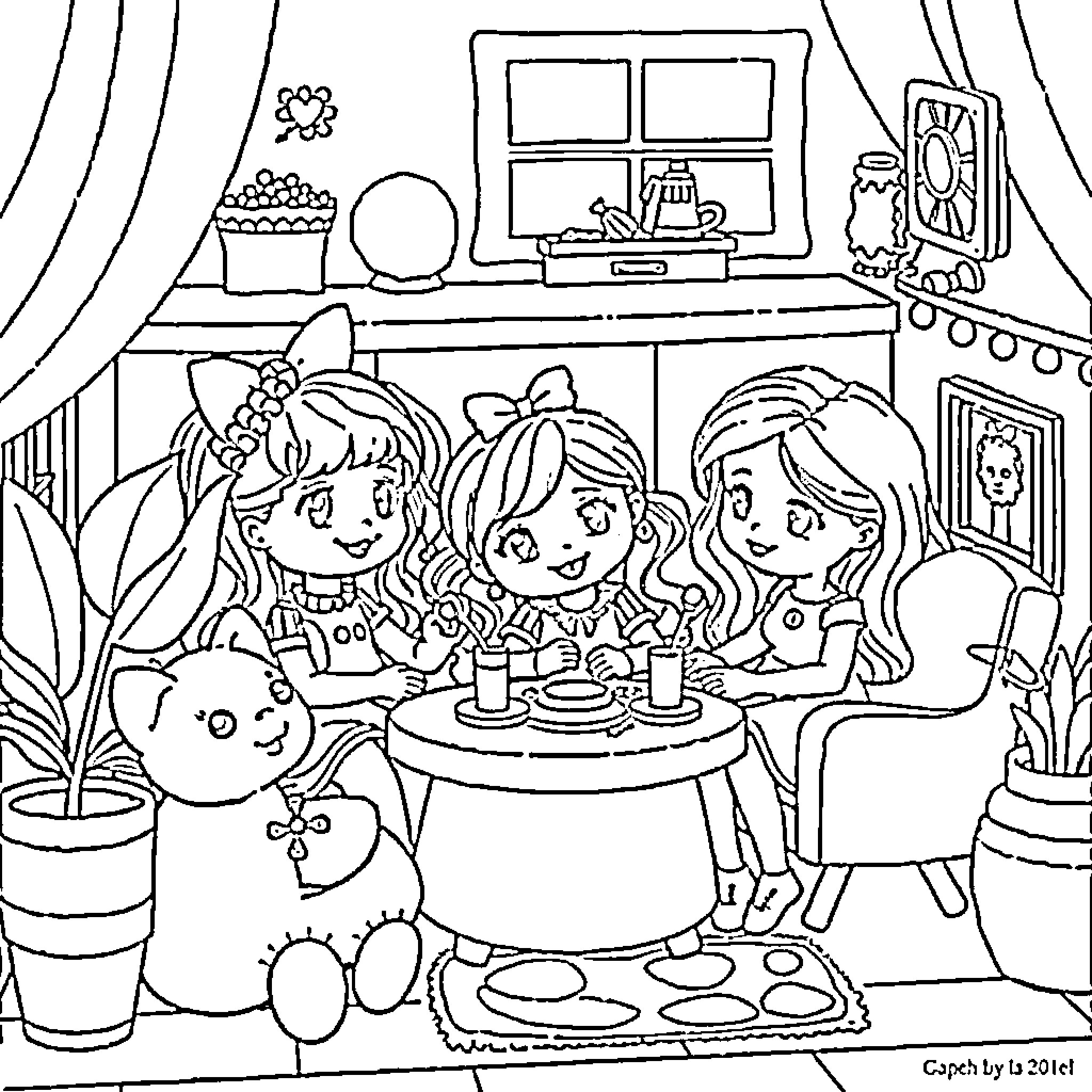 Gabby Dollhouse: Girls Enjoying Playtime Together Coloring Page (free black-and-white line drawing printable PDF for all, from beginners to advanced learners, including children, teens, adults, and seniors)