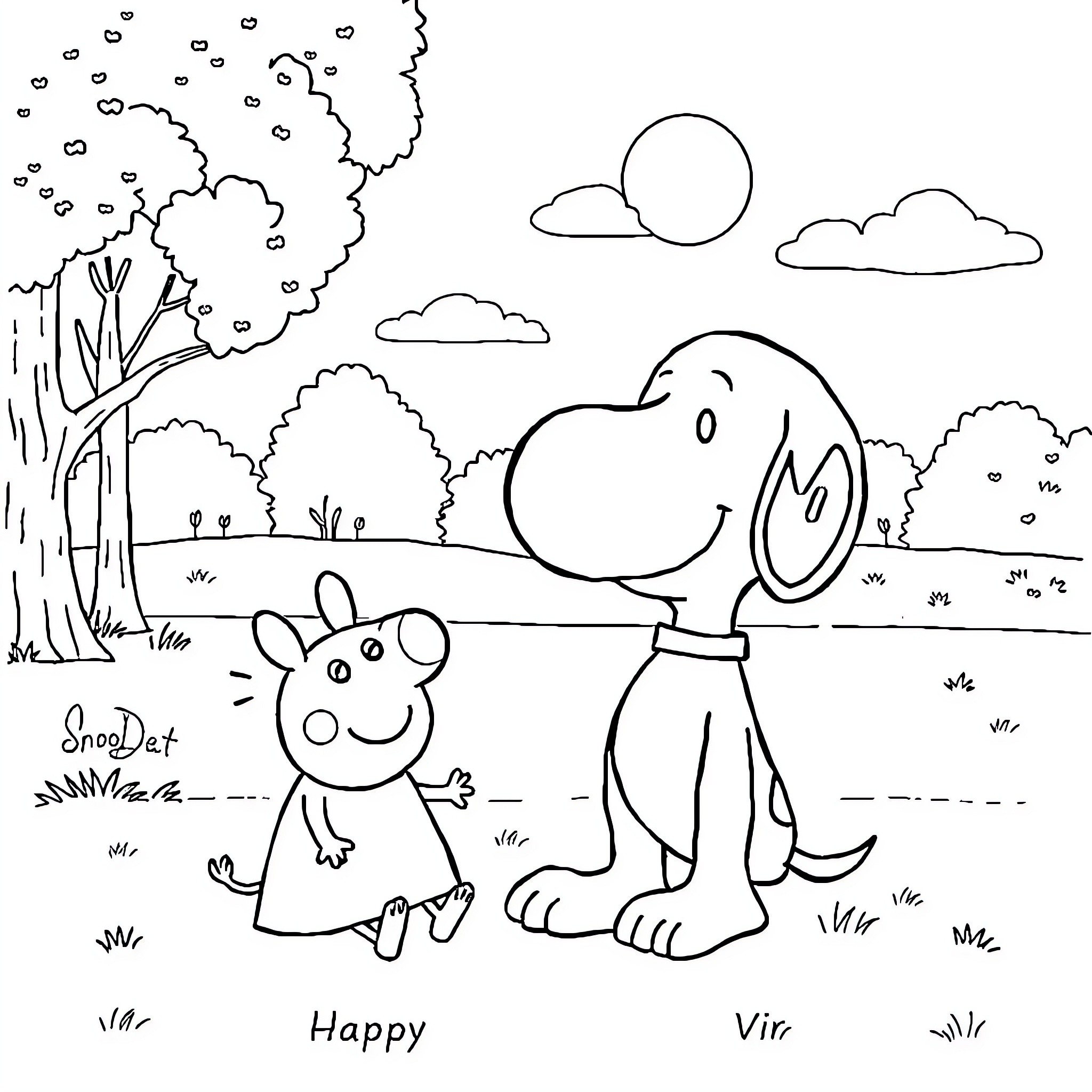 Snoopy and Peppa Pig enjoy a happy day outdoors Coloring Page (free black-and-white line drawing printable PDF for all, from beginners to advanced learners, including children, teens, adults, and seniors)