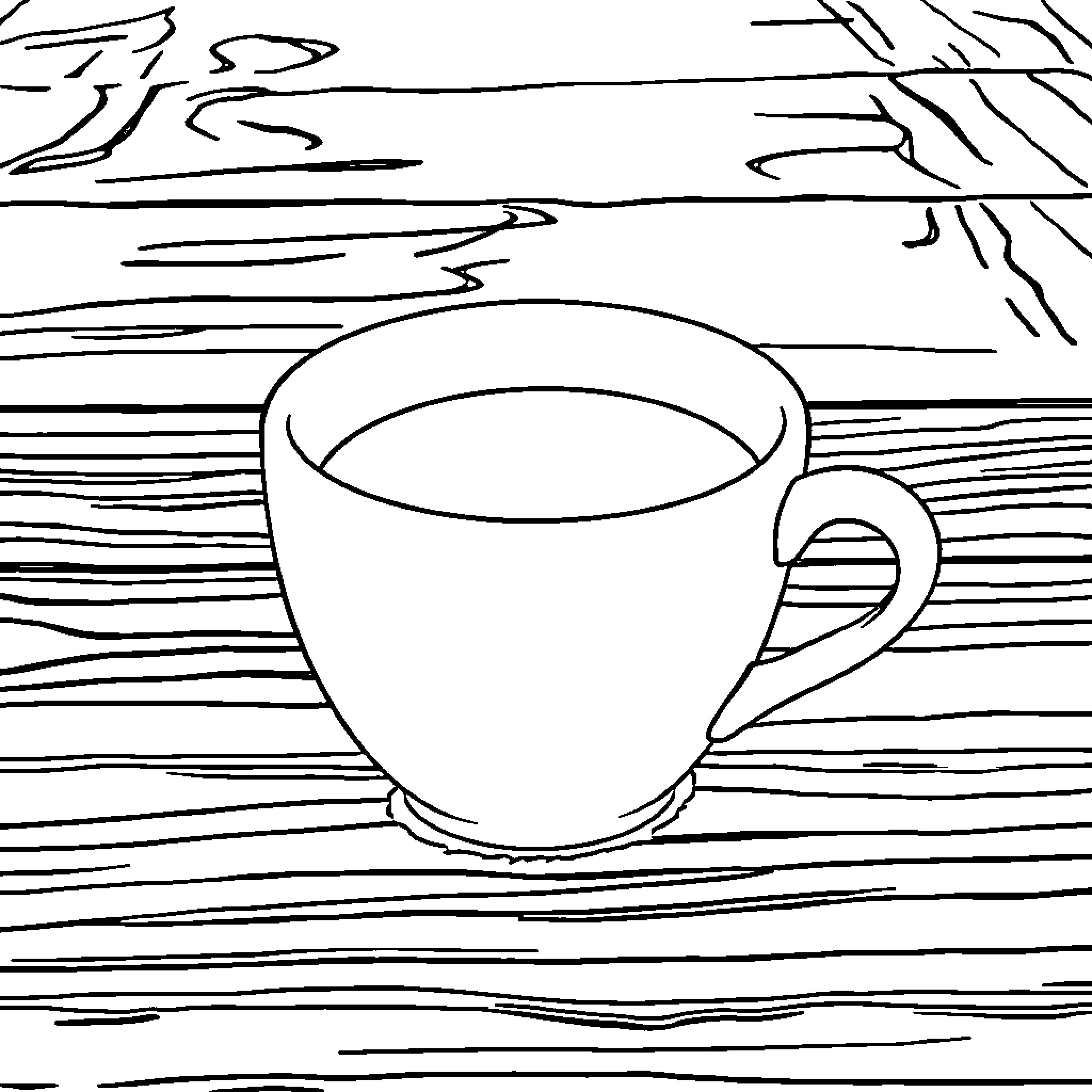 Cup on Wooden Table Coloring Page (free black-and-white line drawing printable PDF for all, from beginners to advanced learners, including children, teens, adults, and seniors)