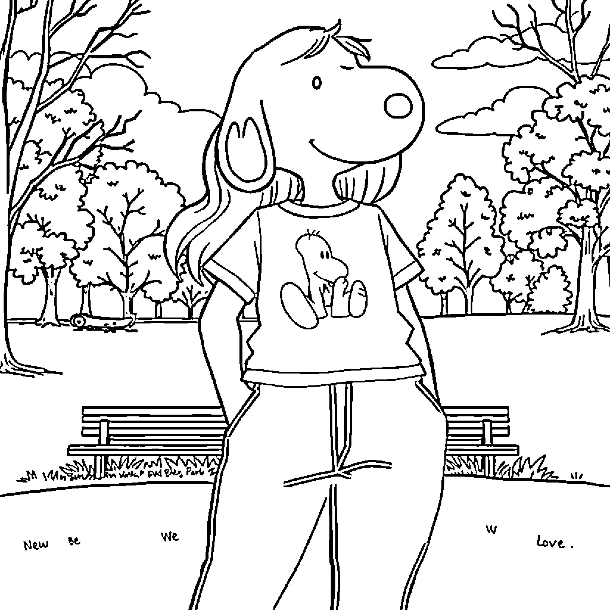 Girl in casual attire enjoying nature Coloring Page (free black-and-white line drawing printable PDF for all, from beginners to advanced learners, including children, teens, adults, and seniors)