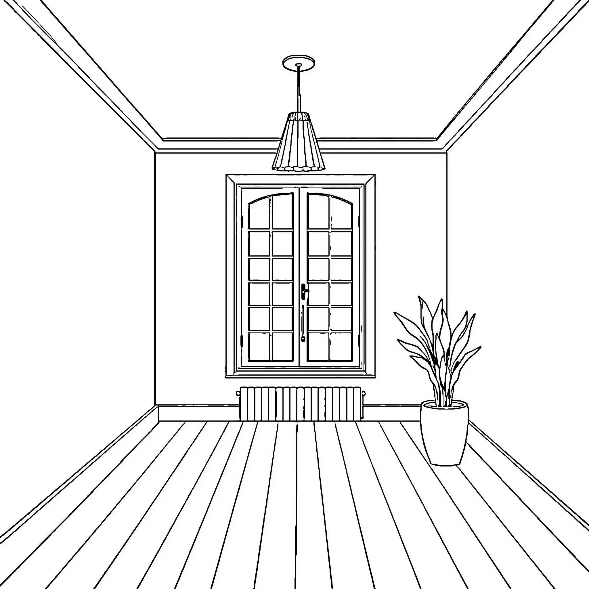 Interior of room with large window and potted plant Coloring Page (free black-and-white line drawing printable PDF for all, from beginners to advanced learners, including children, teens, adults, and seniors)