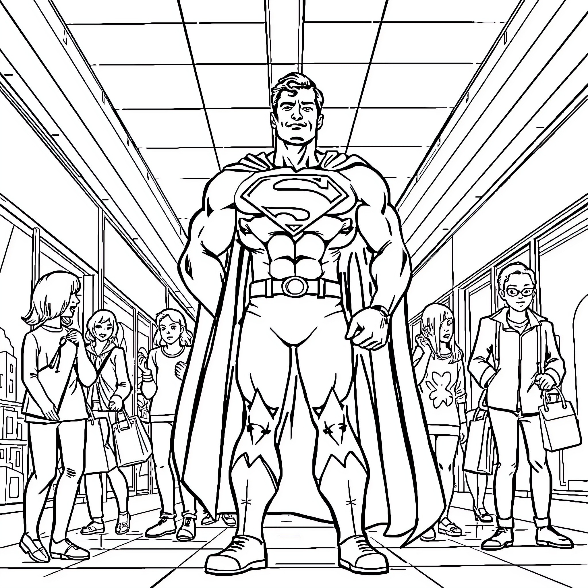 Superman heroically stands among citizens in public space Coloring Page (free black-and-white line drawing printable PDF for all, from beginners to advanced learners, including children, teens, adults, and seniors)
