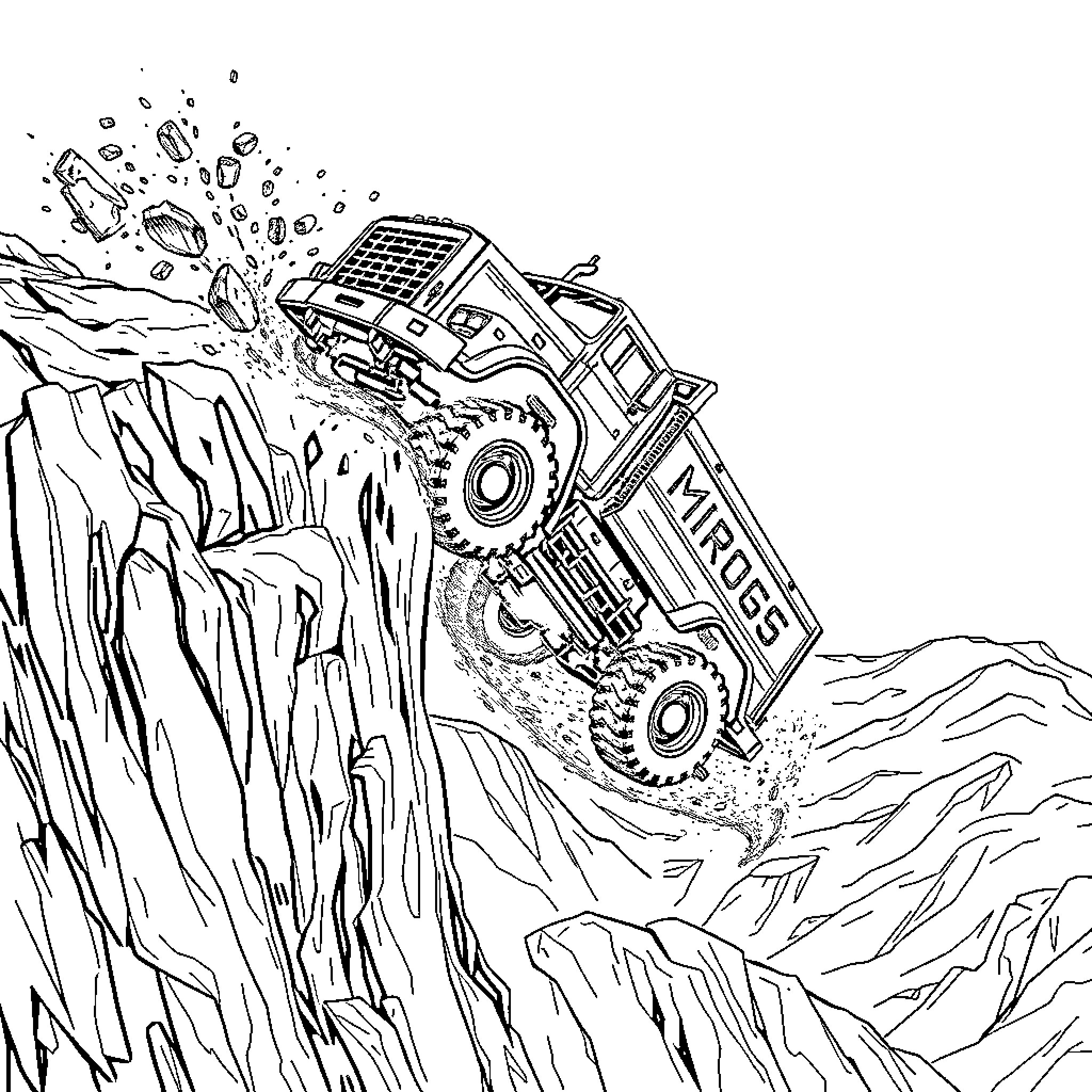 Truck scaling rugged terrain Coloring Page (free black-and-white line drawing printable PDF for all, from beginners to advanced learners, including children, teens, adults, and seniors)