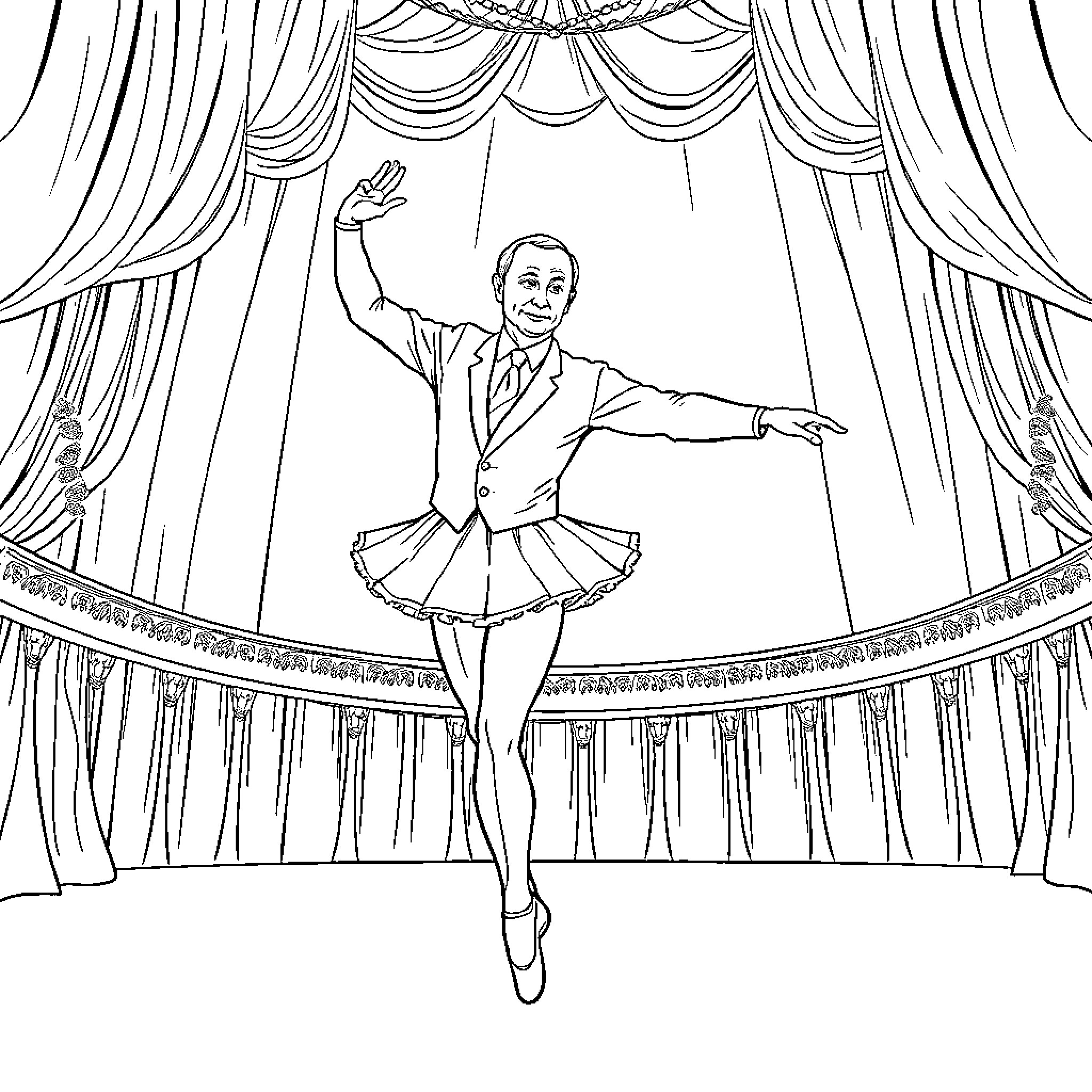 Vladimir Putin performs ballet on stage Coloring Page (free black-and-white line drawing printable PDF for all, from beginners to advanced learners, including children, teens, adults, and seniors)