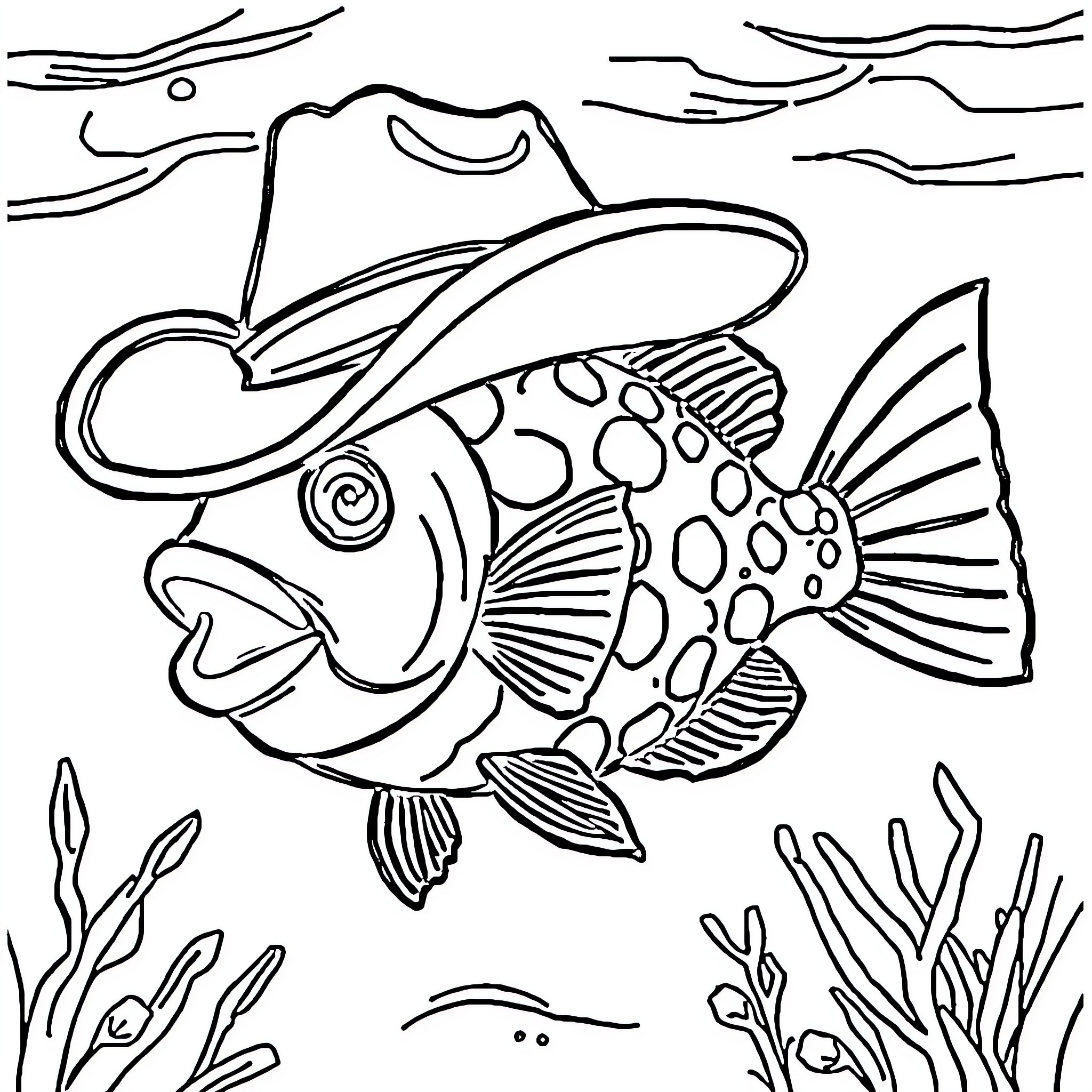 Fish wearing a cowboy hat in the sea Coloring Page (free black-and-white line drawing printable PDF for all, from beginners to advanced learners, including children, teens, adults, and seniors)