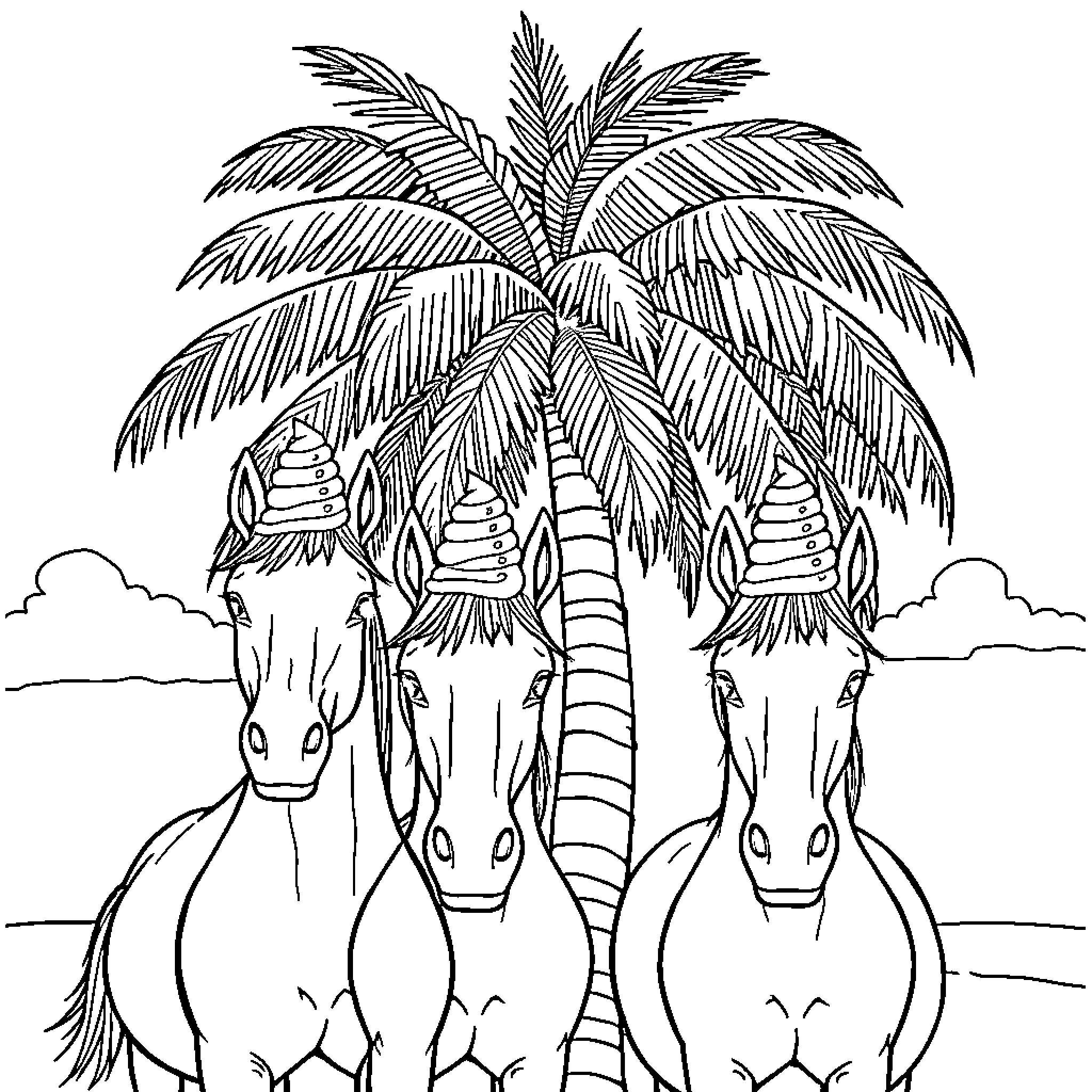Horse herd resting under palm trees Coloring Page (free black-and-white line drawing printable PDF for all, from beginners to advanced learners, including children, teens, adults, and seniors)