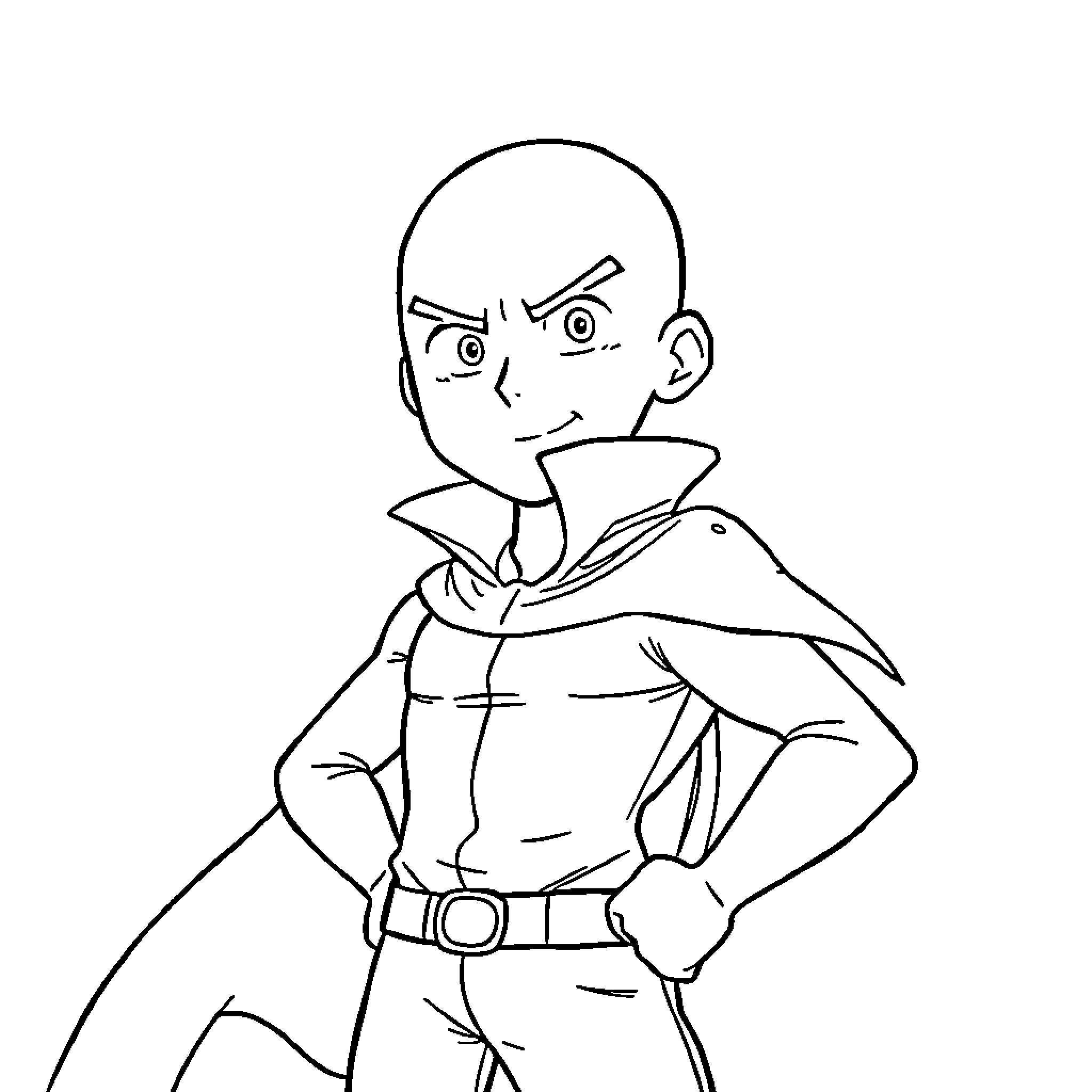 Saitama's Stoic Pose and Fierce Gaze Coloring Page (free black-and-white line drawing printable PDF for all, from beginners to advanced learners, including children, teens, adults, and seniors)