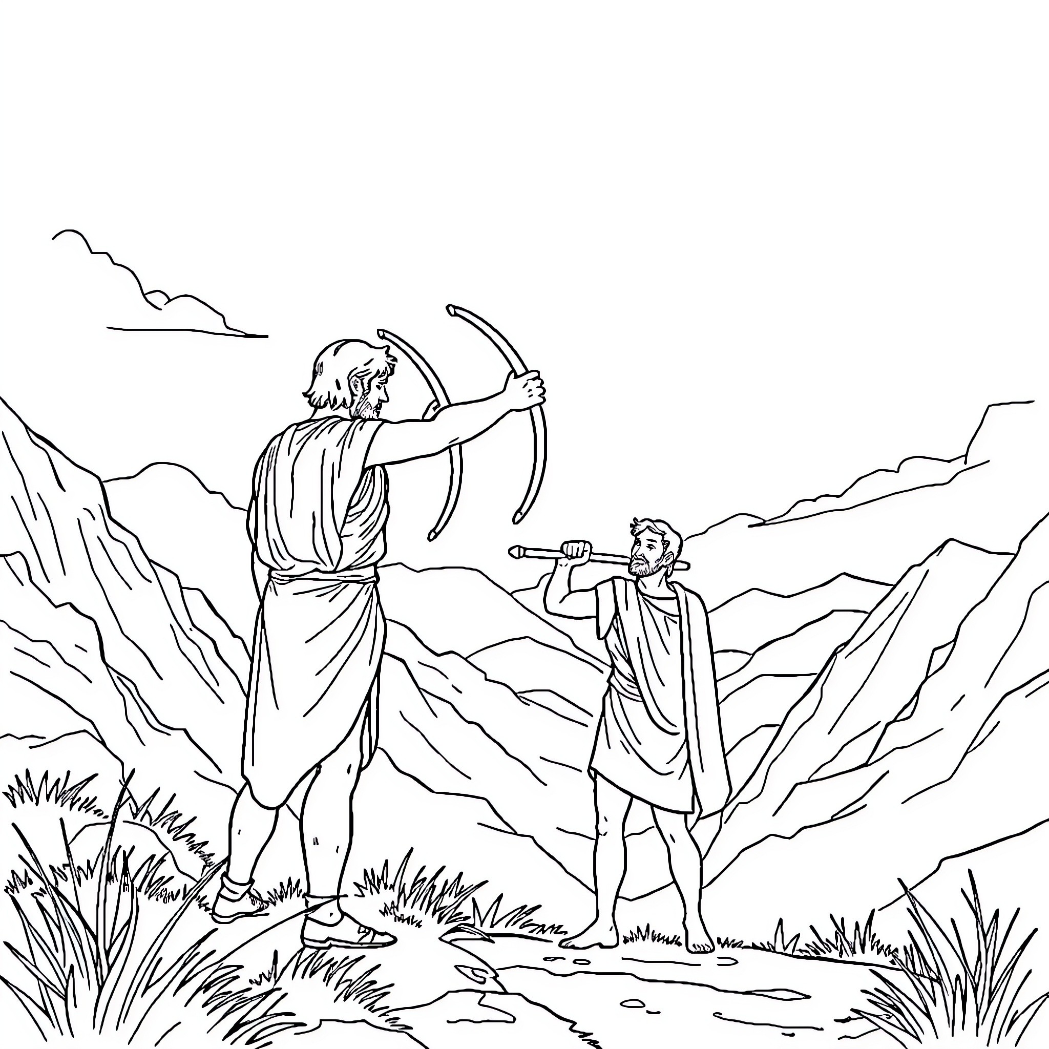 David and Goliath: The Underdog's Triumphant Battle Coloring Page (free black-and-white line drawing printable PDF for all, from beginners to advanced learners, including children, teens, adults, and seniors)