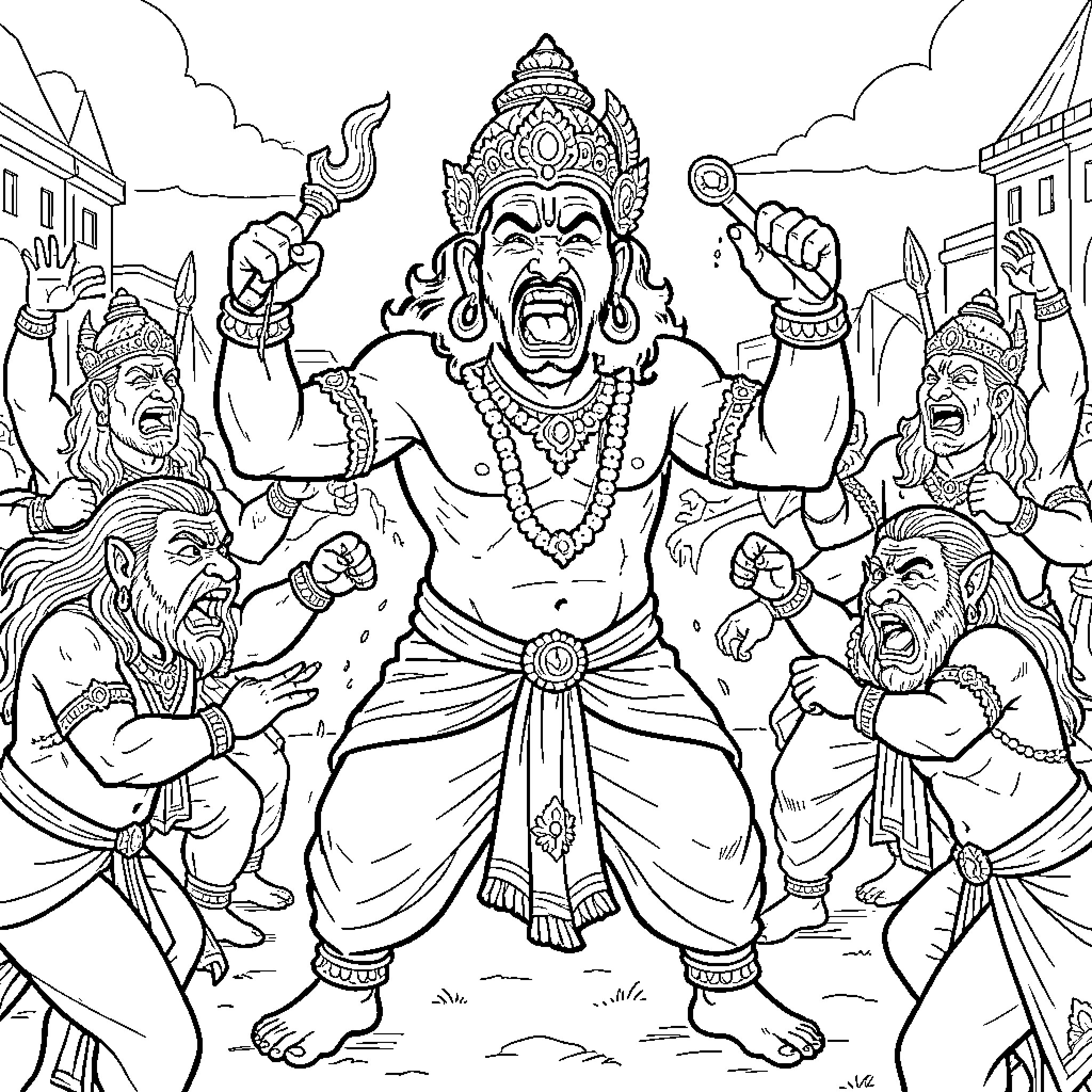 Narasimha roaring fiercely amidst a group of warriors Coloring Page (free black-and-white line drawing printable PDF for all, from beginners to advanced learners, including children, teens, adults, and seniors)