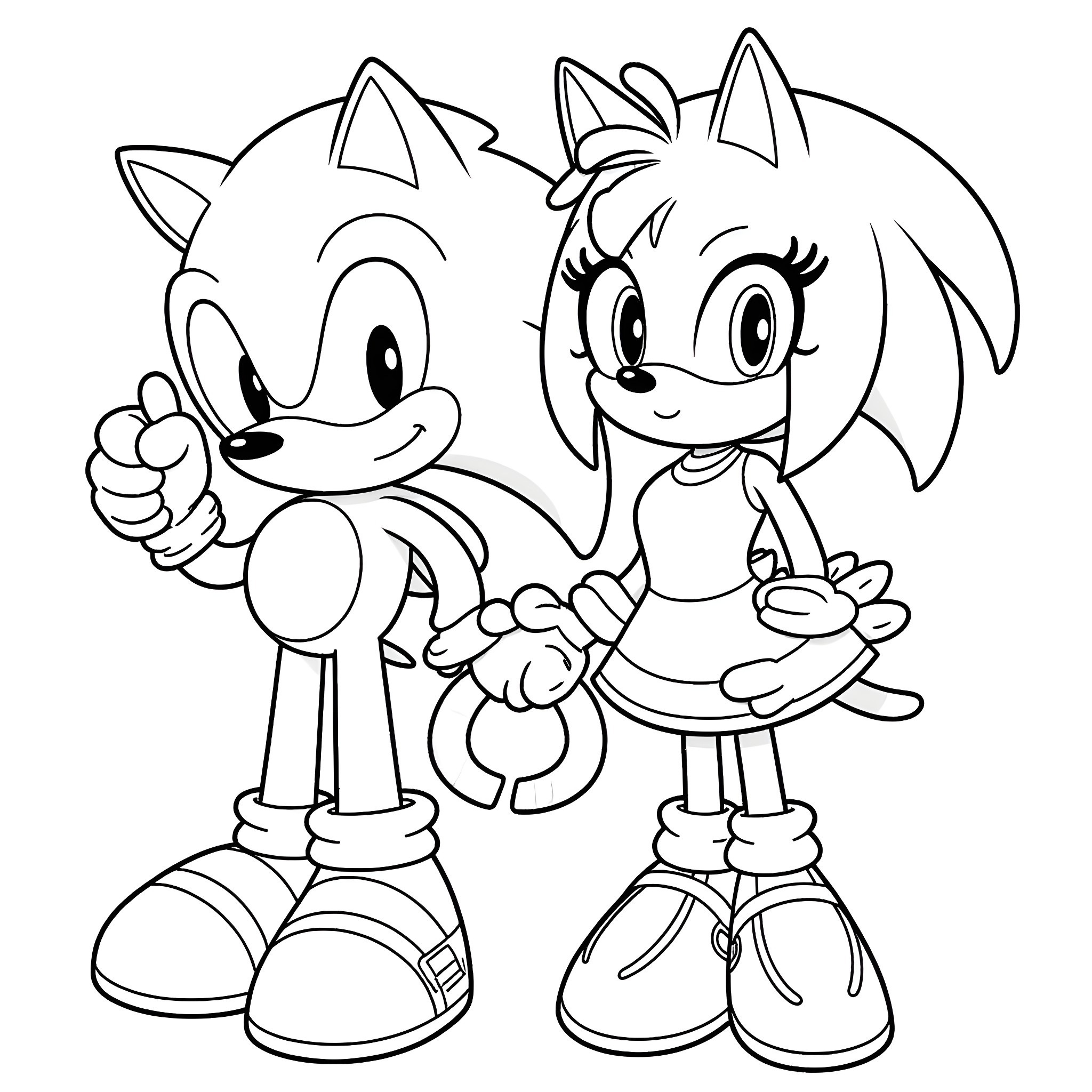 Sonic Characters in Playful Poses Coloring Page (free black-and-white line drawing printable PDF for all, from beginners to advanced learners, including children, teens, adults, and seniors)