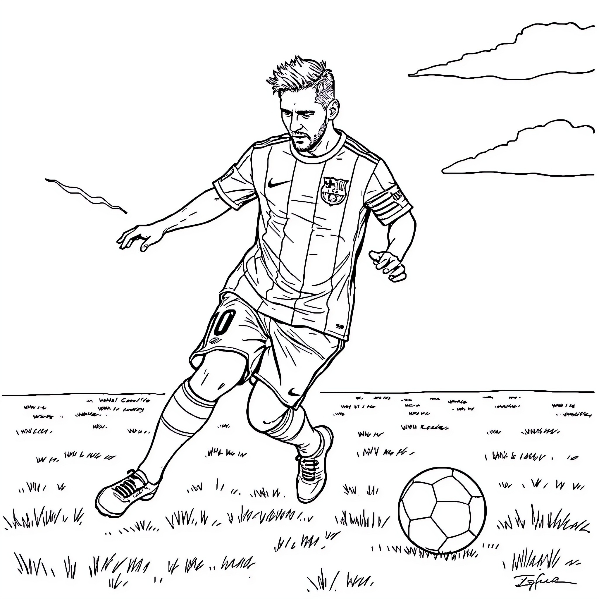 Messi dribbling with determination on the soccer pitch Coloring Page (free black-and-white line drawing printable PDF for all, from beginners to advanced learners, including children, teens, adults, and seniors)