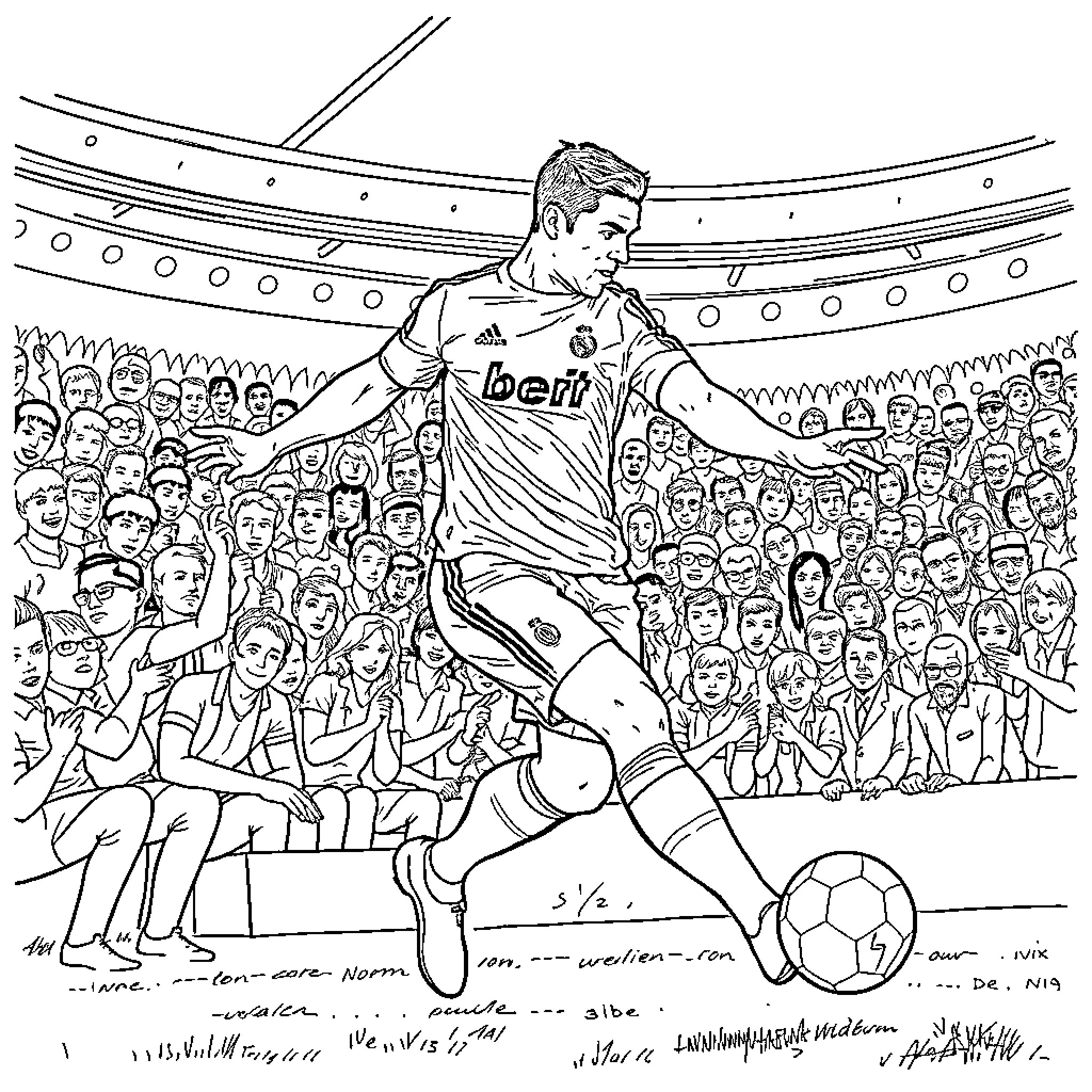 Ronaldo Celebrating Football Victory in Stadium Coloring Page (free black-and-white line drawing printable PDF for all, from beginners to advanced learners, including children, teens, adults, and seniors)