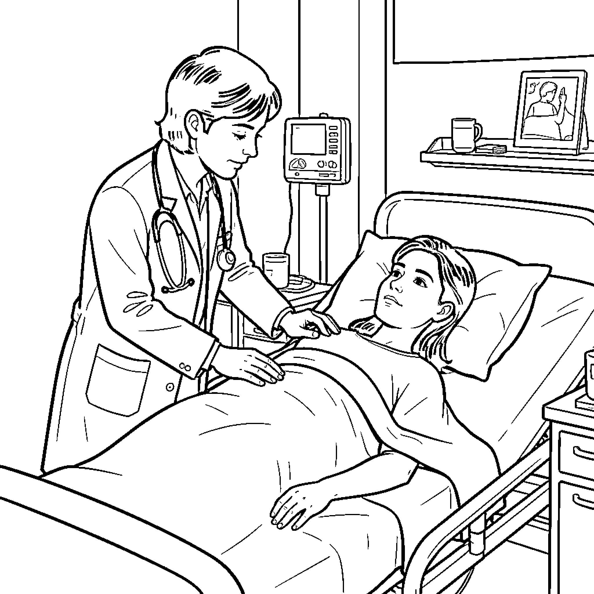 Doctor examining a patient lying in a hospital bed Coloring Page (free black-and-white line drawing printable PDF for all, from beginners to advanced learners, including children, teens, adults, and seniors)