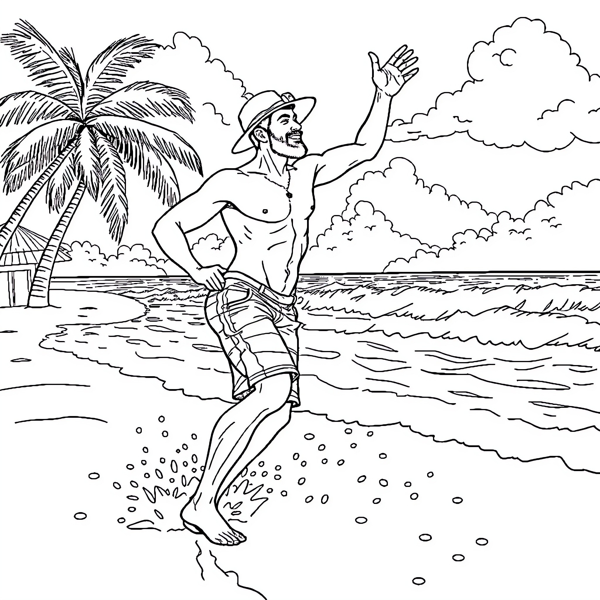 Barman enjoying the tropical beach scene Coloring Page (free black-and-white line drawing printable PDF for all, from beginners to advanced learners, including children, teens, adults, and seniors)