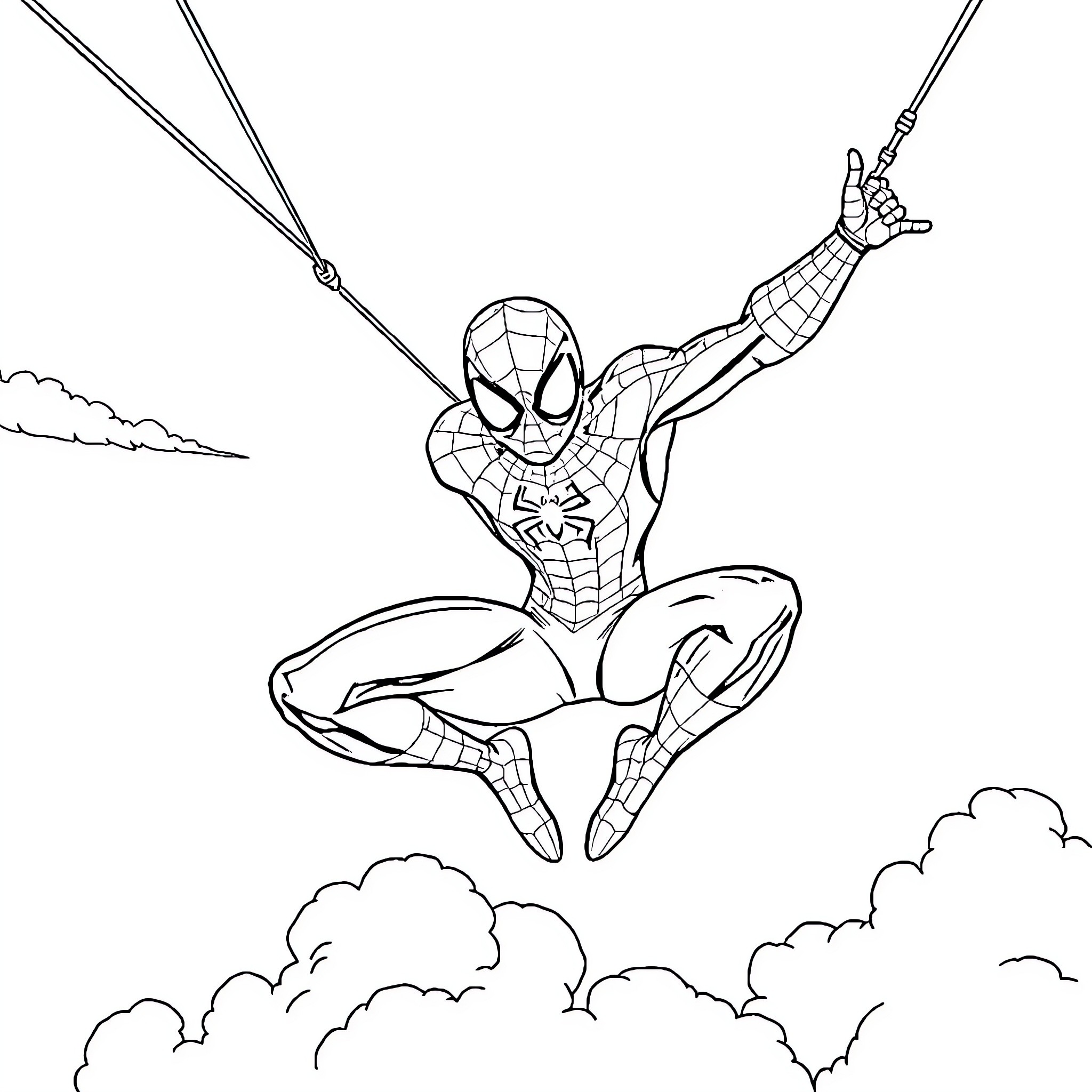Spidey swinging heroically through the clouds Coloring Page (free black-and-white line drawing printable PDF for all, from beginners to advanced learners, including children, teens, adults, and seniors)