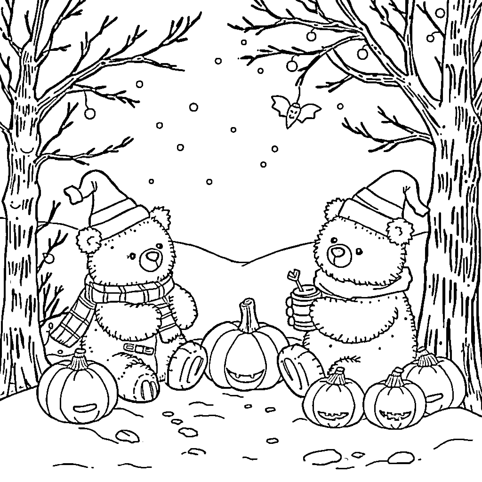 Bear Friends Enjoying Autumn in Snowy Forest Coloring Page (free black-and-white line drawing printable PDF for all, from beginners to advanced learners, including children, teens, adults, and seniors)