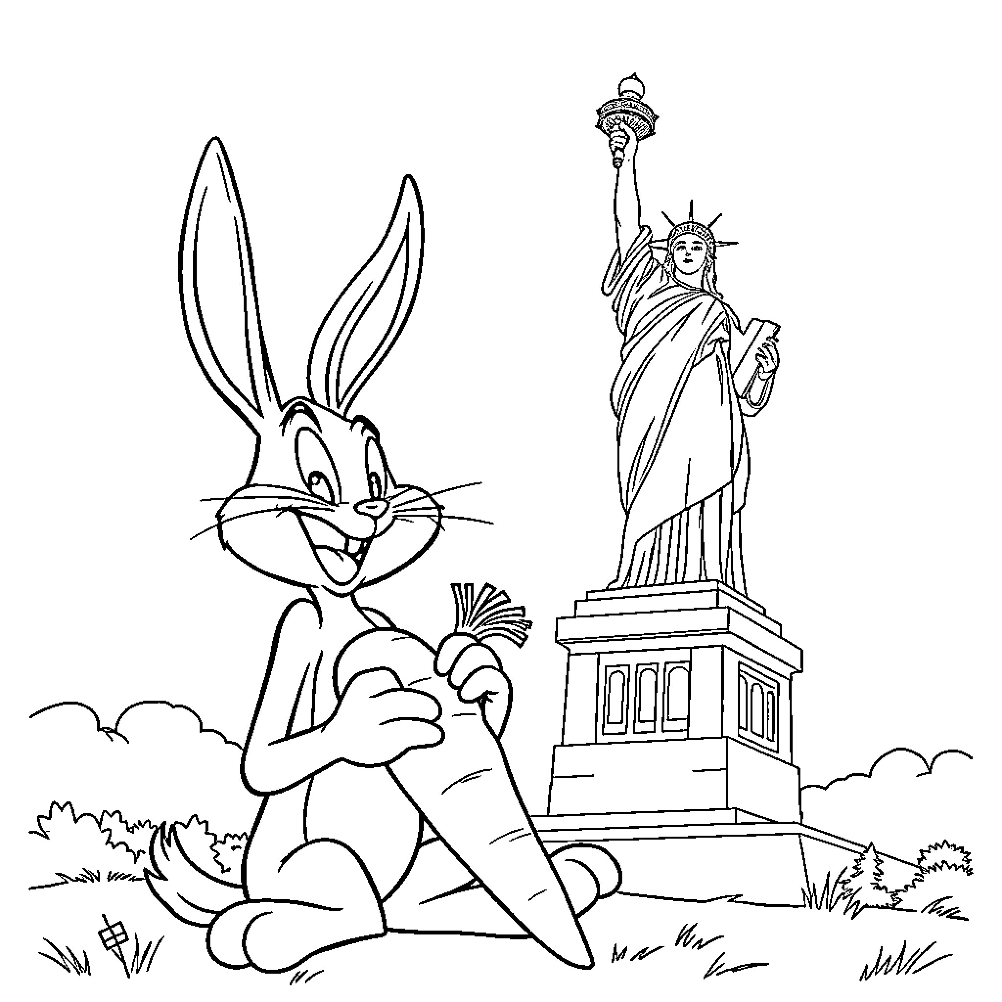 Bugs Bunny in New York City with Statue of Liberty Coloring Page (free black-and-white line drawing printable PDF for all, from beginners to advanced learners, including children, teens, adults, and seniors)