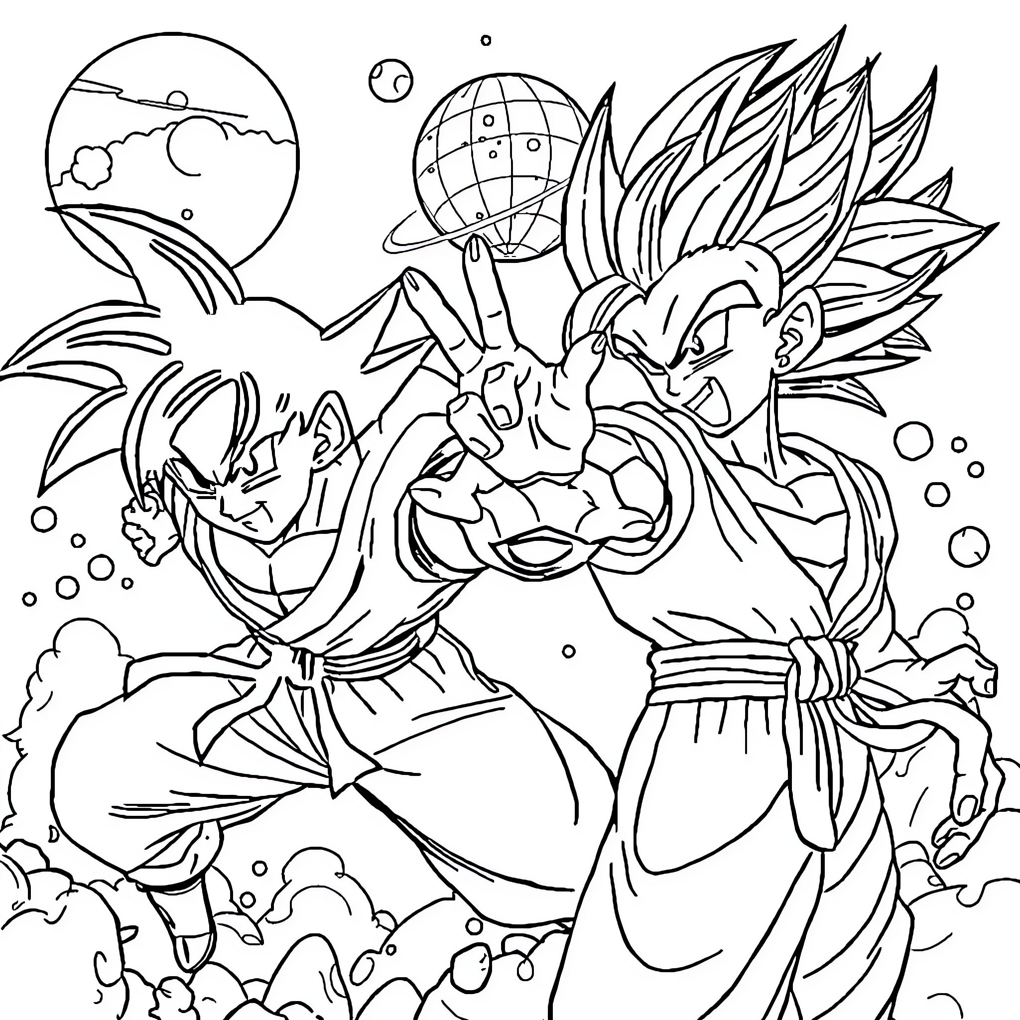Dragon Ball Z characters in intense battle Coloring Page (free black-and-white line drawing printable PDF for all, from beginners to advanced learners, including children, teens, adults, and seniors)