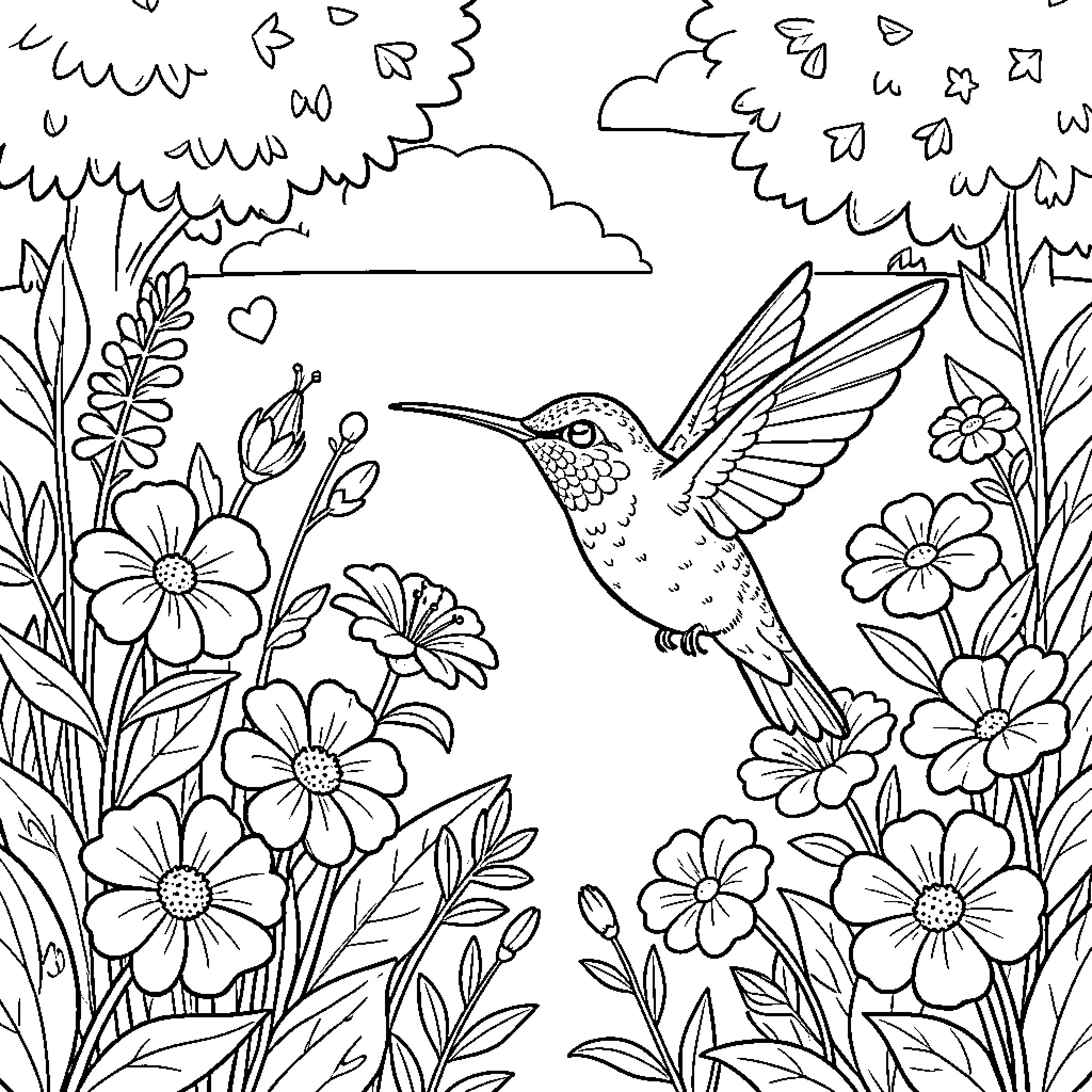 Hummingbird hovering gracefully among blooming flowers Coloring Page (free black-and-white line drawing printable PDF for all, from beginners to advanced learners, including children, teens, adults, and seniors)