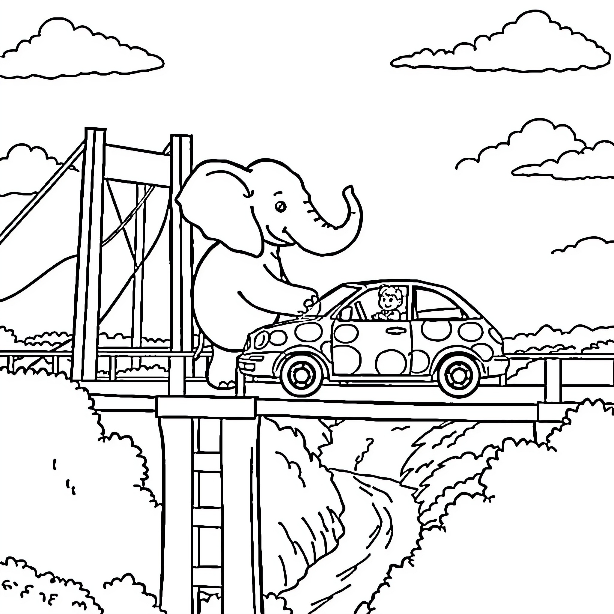 Elephant driving a colorful car on a bridge Coloring Page (free black-and-white line drawing printable PDF for all, from beginners to advanced learners, including children, teens, adults, and seniors)