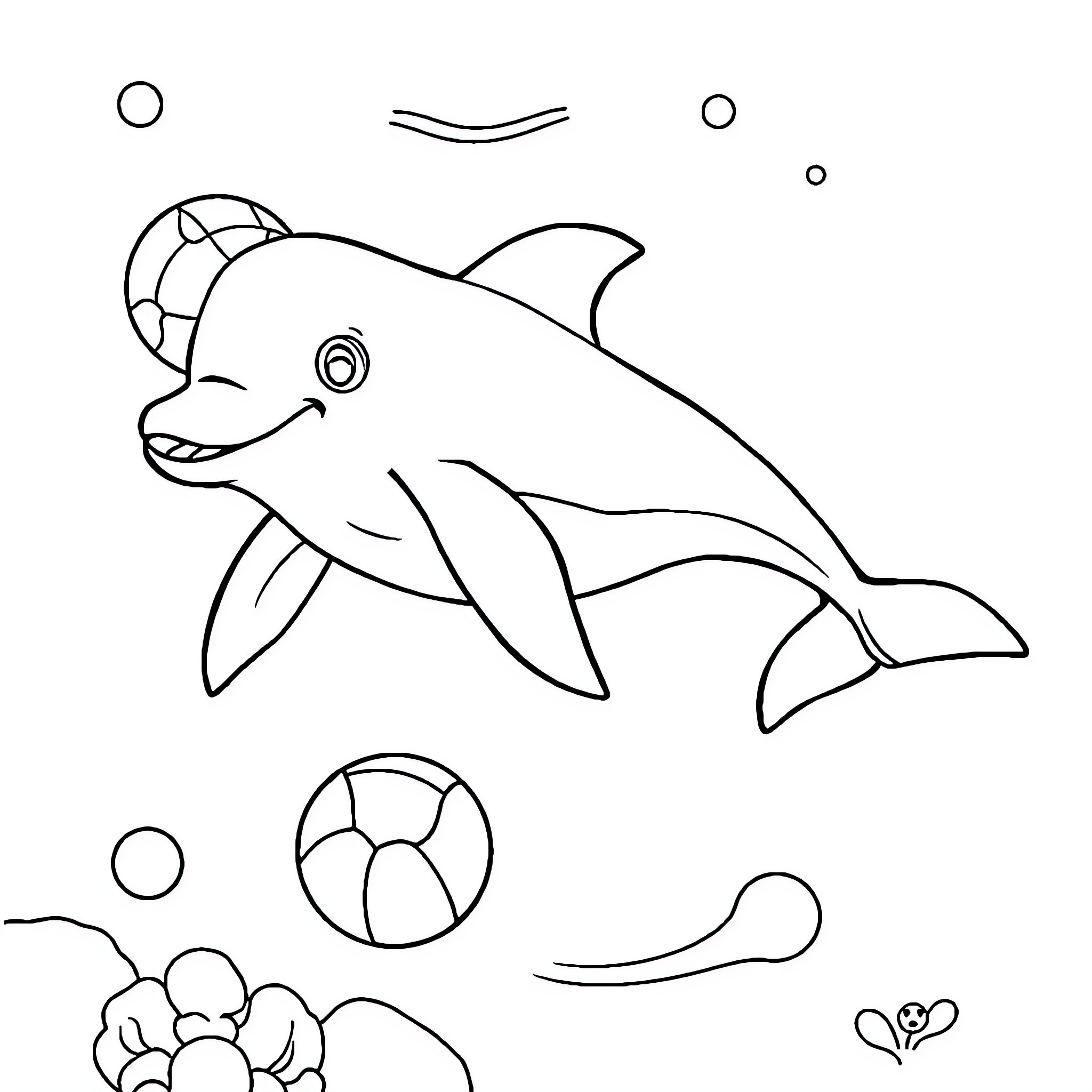 Dolphin playing with beach ball in the ocean Coloring Page (free black-and-white line drawing printable PDF for all, from beginners to advanced learners, including children, teens, adults, and seniors)