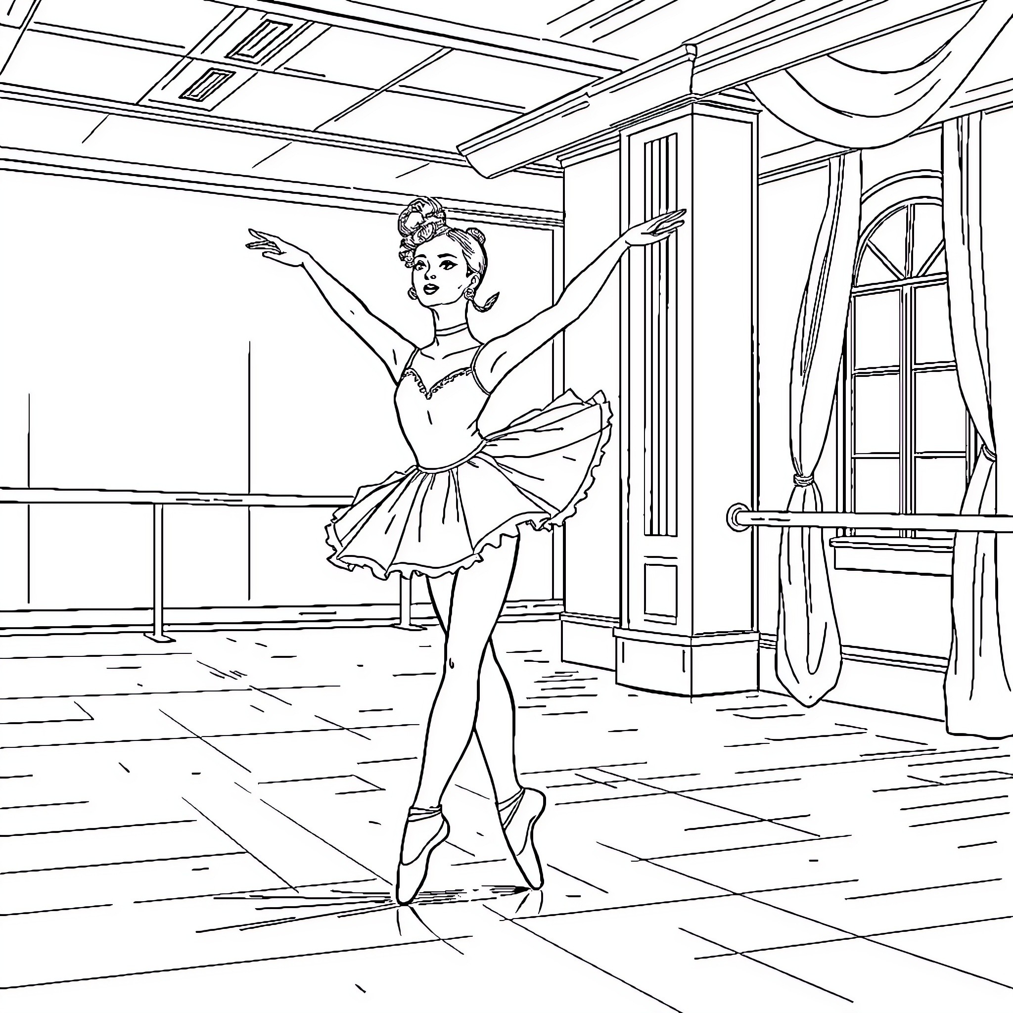 Ballerina Performing on Stage Coloring Page (free black-and-white line drawing printable PDF for all, from beginners to advanced learners, including children, teens, adults, and seniors)