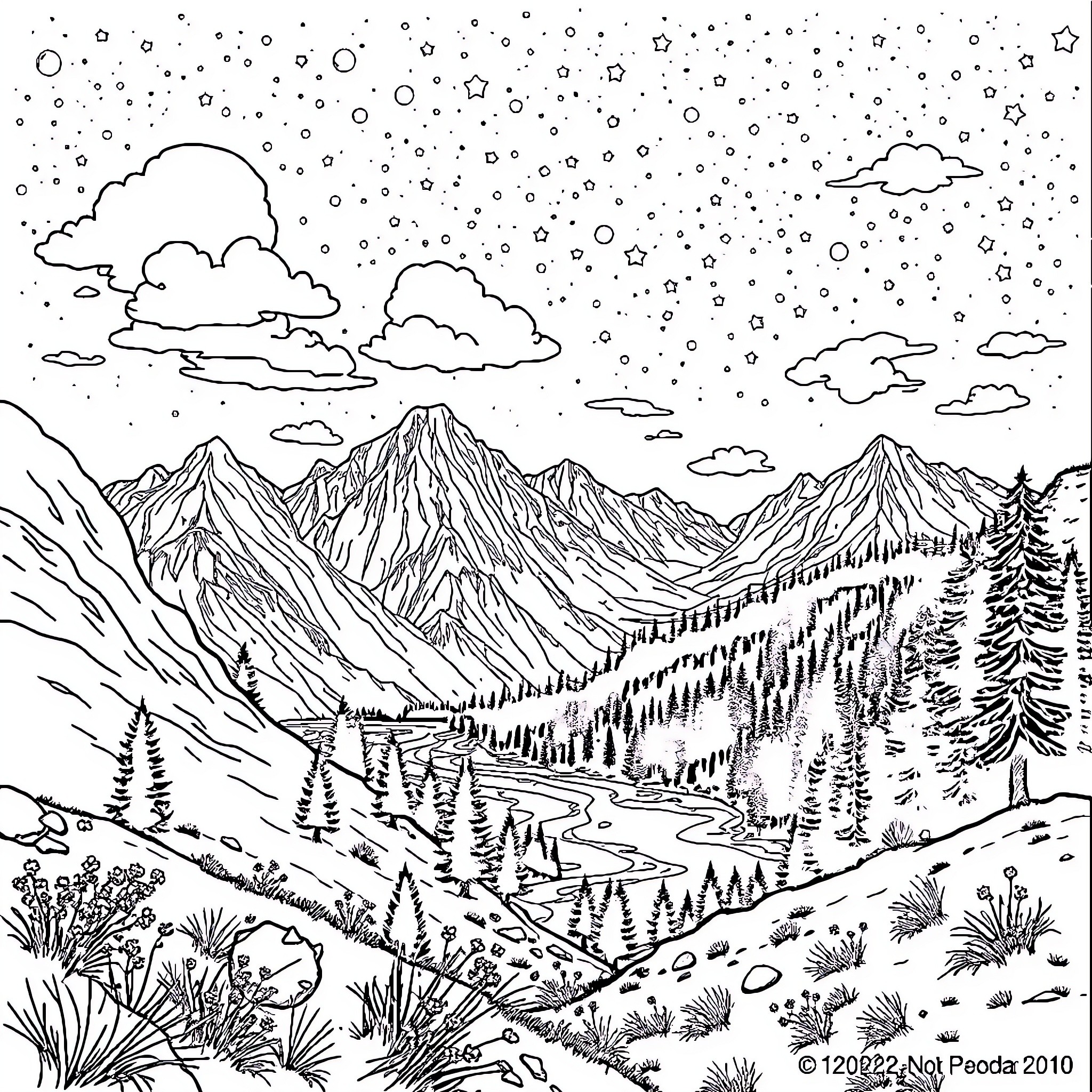 Landscape with snowy mountains and starry night sky Coloring Page (free black-and-white line drawing printable PDF for all, from beginners to advanced learners, including children, teens, adults, and seniors)