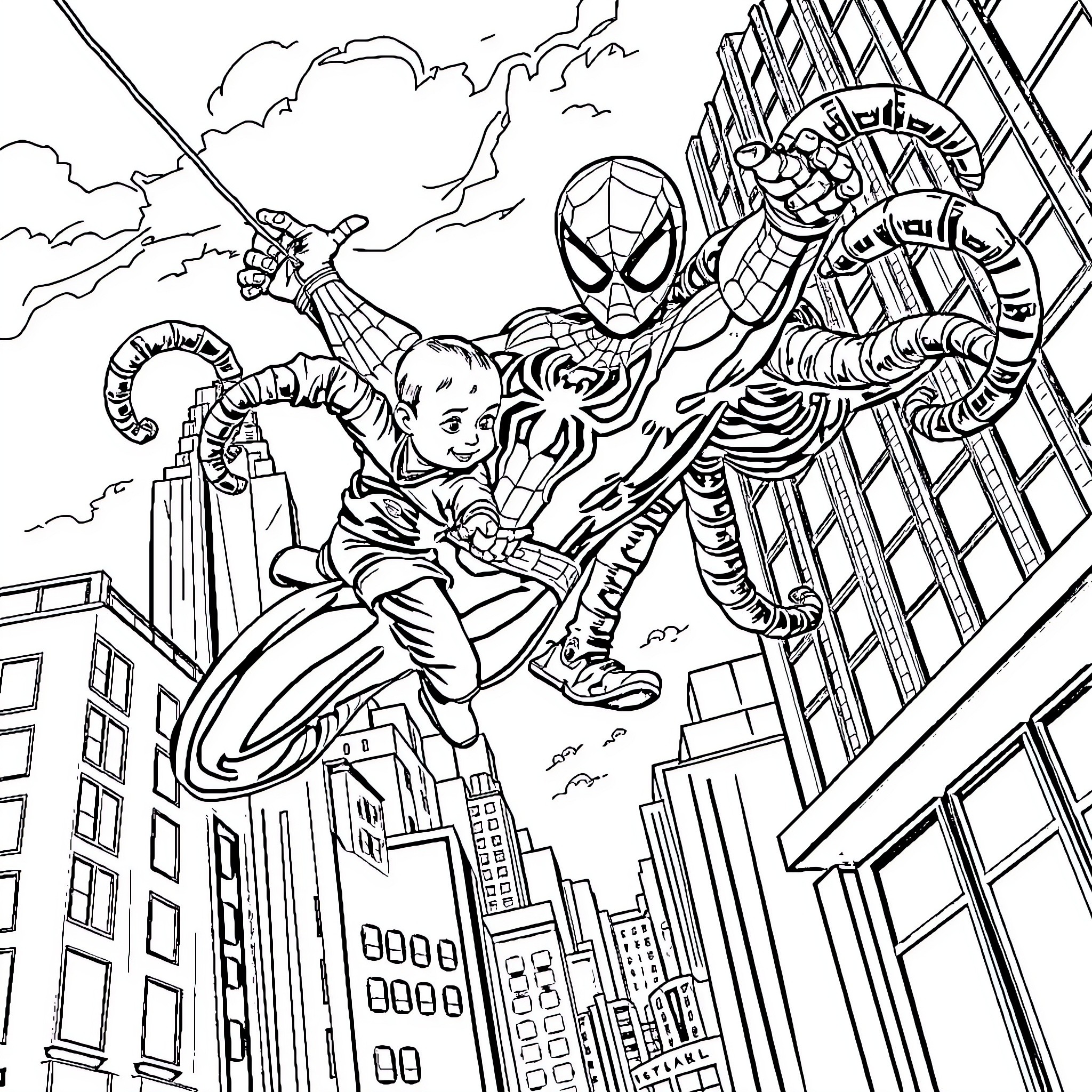 Spiderman swinging over cityscape with sidekick Coloring Page (free black-and-white line drawing printable PDF for all, from beginners to advanced learners, including children, teens, adults, and seniors)